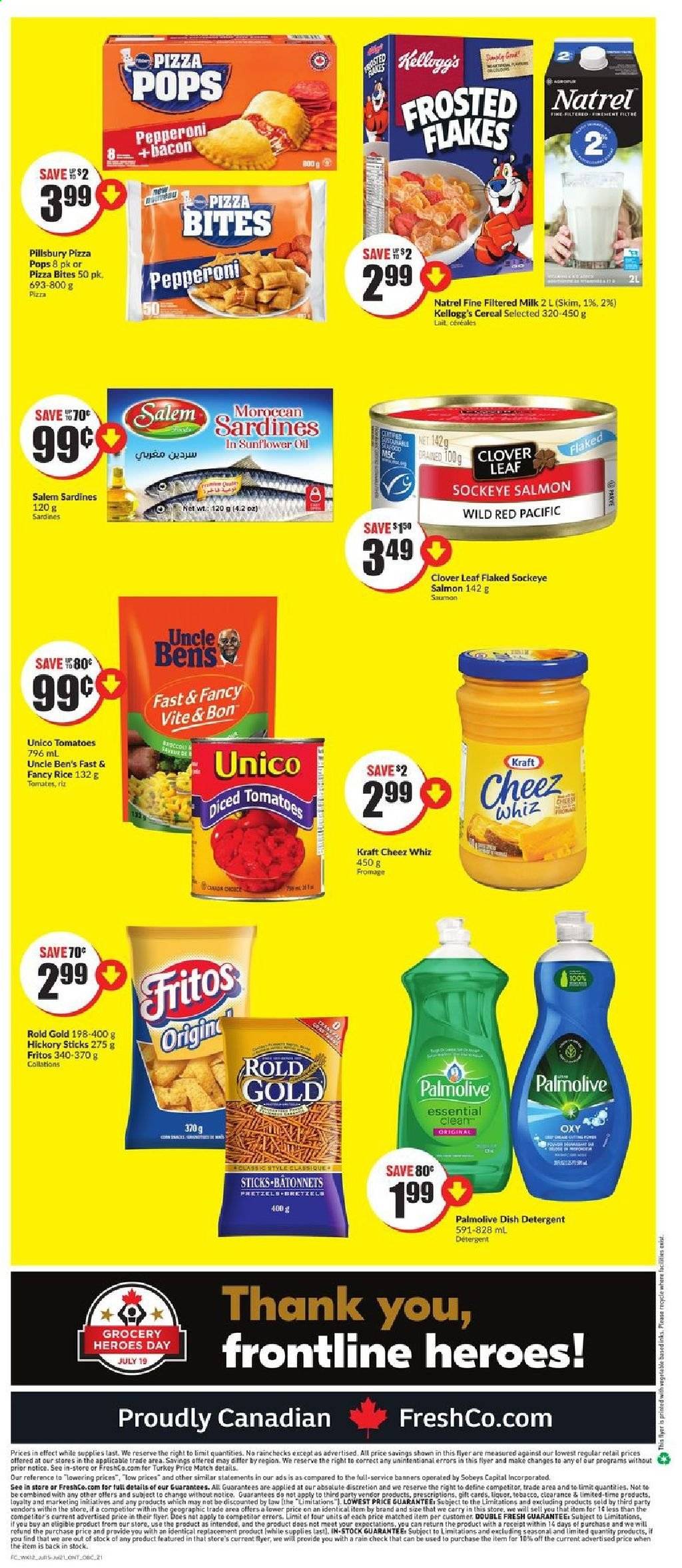 thumbnail - FreshCo. Flyer - July 15, 2021 - July 21, 2021 - Sales products - salmon, sardines, pizza, Pillsbury, Kraft®, bacon, Clover, milk, Kellogg's, Fritos, Uncle Ben's, cereals, rice. Page 6.