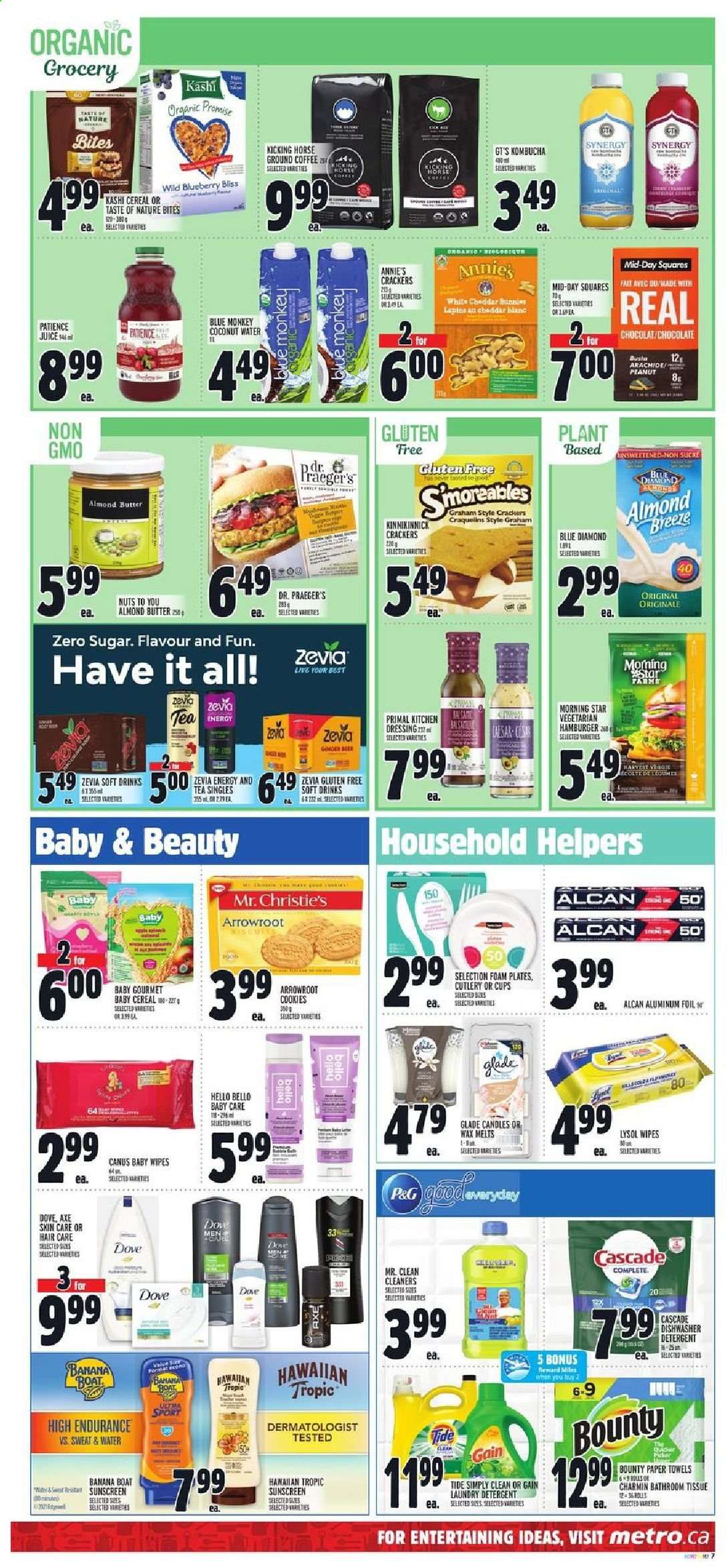 thumbnail - Metro Flyer - July 15, 2021 - July 21, 2021 - Sales products - hamburger, Annie's, Almond Breeze, almond butter, cookies, chocolate, Bounty, crackers, cereals, dressing, juice, soft drink, kombucha, tea, coffee, ground coffee, L'Or, beer, ginger beer, wipes, baby wipes, bath tissue, kitchen towels, paper towels, Charmin, Gain, Lysol, Tide, laundry detergent, Cascade, plate, cup, aluminium foil, candle, Glade, foam plates, Primal. Page 9.
