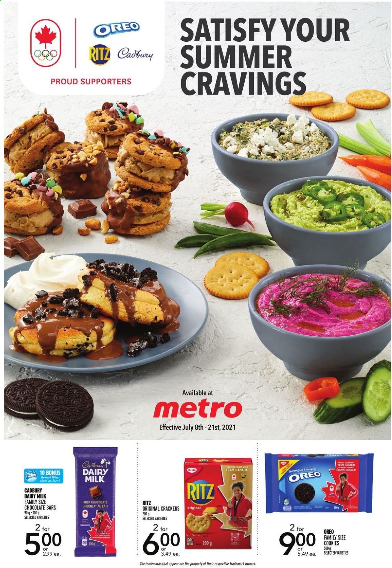 thumbnail - Metro Flyer - July 15, 2021 - July 21, 2021 - Sales products - Oreo, cookies, milk chocolate, crackers, Cadbury, Dairy Milk, RITZ, chocolate bar. Page 11.