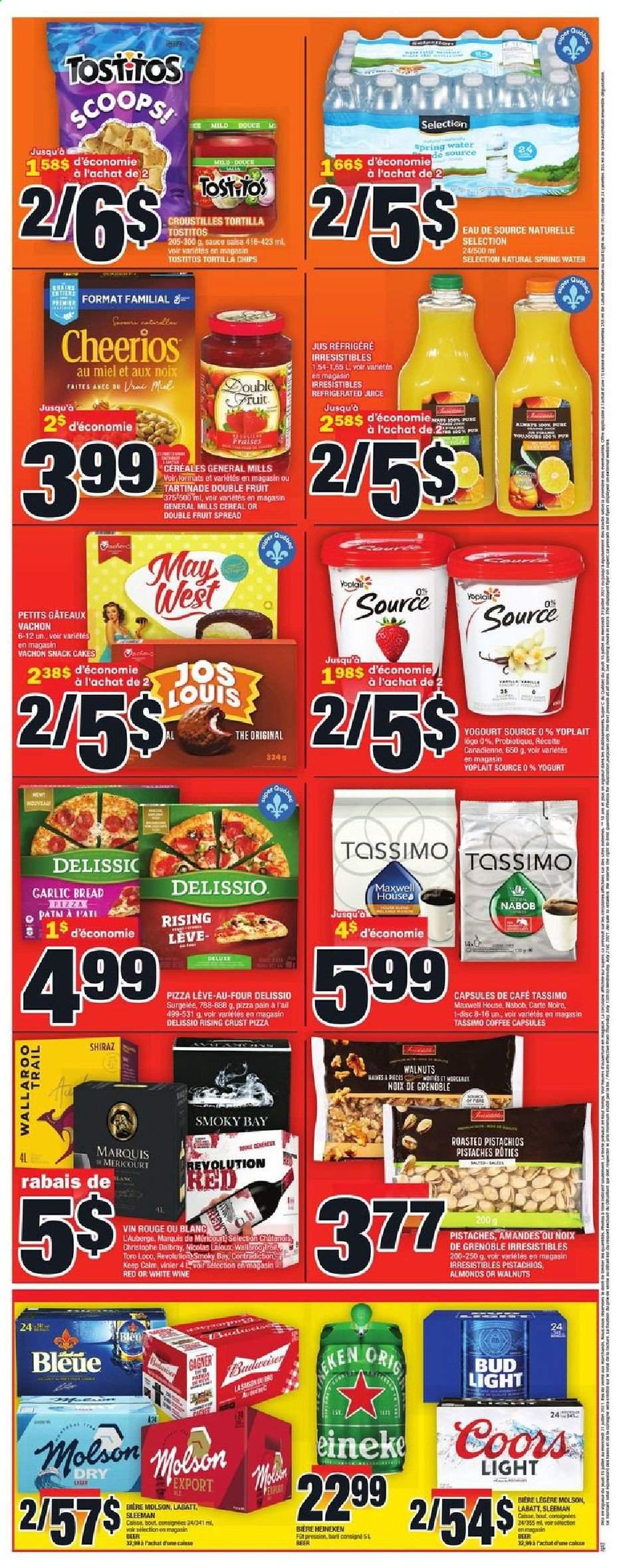 thumbnail - Super C Flyer - July 15, 2021 - July 21, 2021 - Sales products - bread, cake, pizza, sauce, yoghurt, Yoplait, snack, tortilla chips, Tostitos, cereals, Cheerios, almonds, walnuts, pistachios, juice, spring water, Maxwell House, coffee, coffee capsules, Shiraz, beer, Coors, Bud Light, Heineken, chips. Page 2.