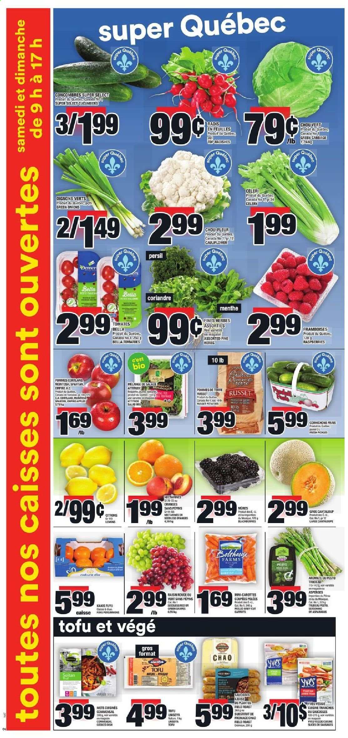 thumbnail - Super C Flyer - July 15, 2021 - July 21, 2021 - Sales products - asparagus, Bella, cabbage, cantaloupe, carrots, cauliflower, celery, radishes, russet potatoes, tomatoes, potatoes, salad, green onion, apples, blackberries, grapes, nectarines, persimmons, lemons, sausage, tofu, pickles, spice, Persil. Page 3.