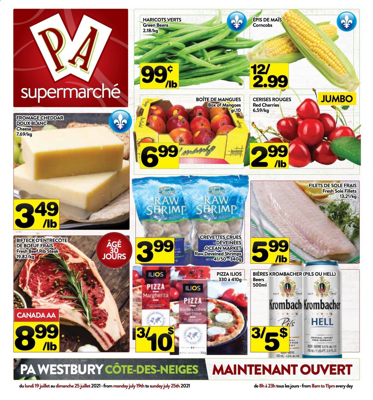 thumbnail - PA Supermarché Flyer - July 19, 2021 - July 25, 2021 - Sales products - beans, green beans, cherries, shrimps, pizza, cheddar, beer, steak. Page 1.