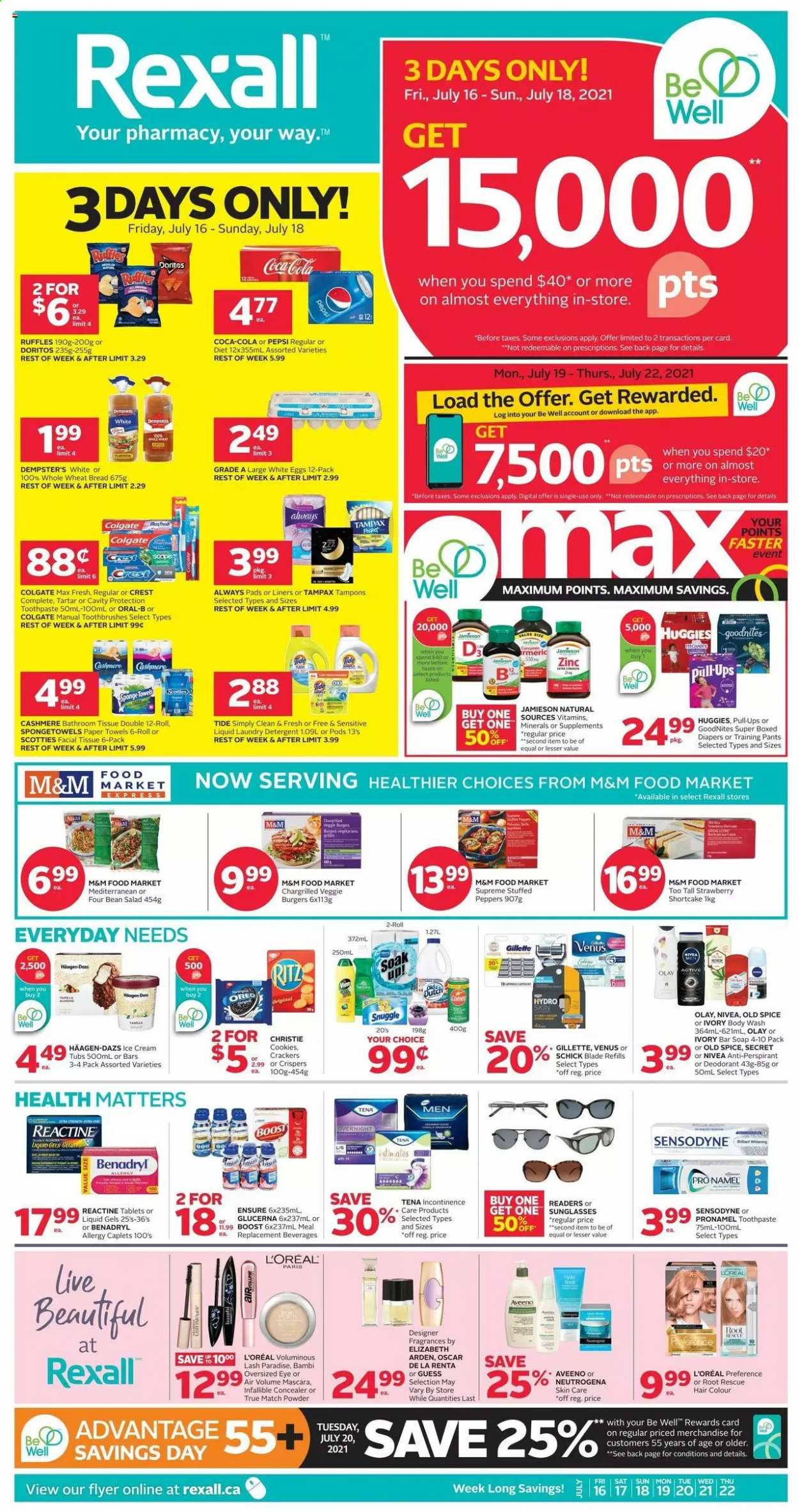 thumbnail - Rexall Flyer - July 16, 2021 - July 22, 2021 - Sales products - cookies, crackers, RITZ, Doritos, Ruffles, peppers, spice, Coca-Cola, Pepsi, Boost, pants, nappies, baby pants, Aveeno, bath tissue, kitchen towels, paper towels, Snuggle, Tide, laundry detergent, body wash, soap bar, soap, toothpaste, Crest, Always pads, sanitary pads, tampons, L’Oréal, Olay, hair color, anti-perspirant, Guess, Schick, Venus, corrector, Glucerna, zinc, Oreo, Gillette, mascara, Neutrogena, Tampax, Huggies, Nivea, Old Spice, Oral-B, Sensodyne, M&M's, deodorant. Page 1.