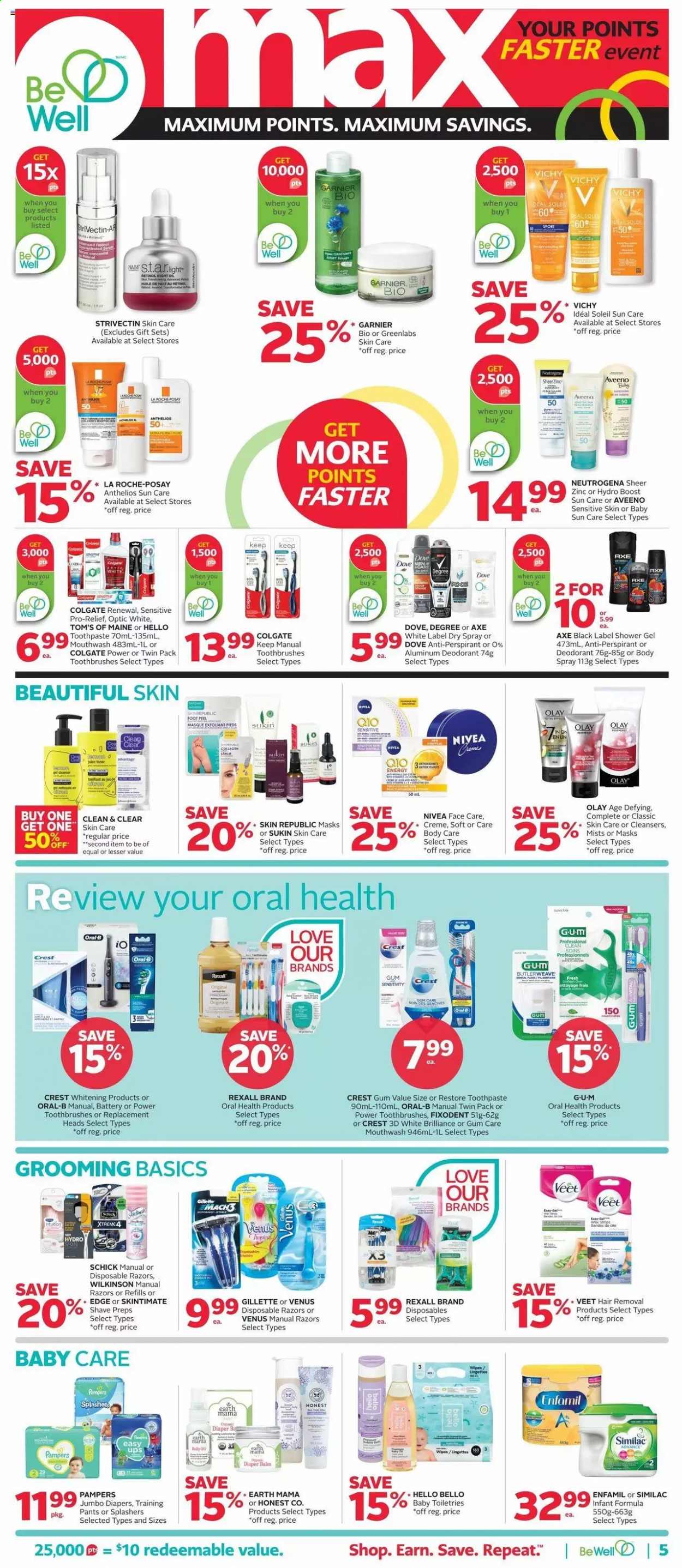 thumbnail - Rexall Flyer - July 16, 2021 - July 22, 2021 - Sales products - Boost, Enfamil, Similac, pants, nappies, baby pants, Aveeno, shower gel, Vichy, toothpaste, mouthwash, Fixodent, Crest, La Roche-Posay, Olay, Clean & Clear, Sukin, body spray, anti-perspirant, Schick, Venus, hair removal, Veet, disposable razor, zinc, Garnier, Gillette, Neutrogena, Pampers, Nivea, Oral-B, deodorant. Page 5.
