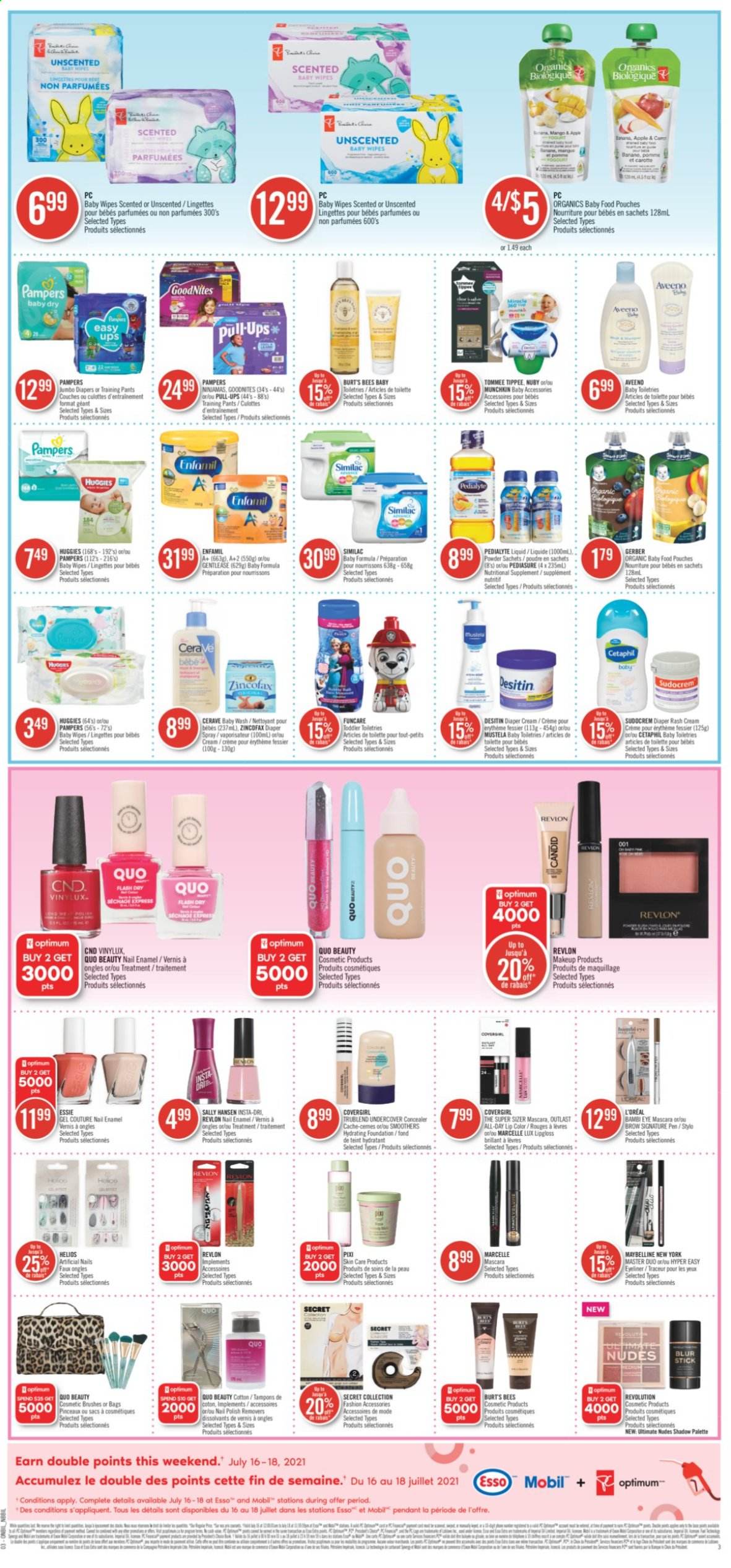 thumbnail - Shoppers Drug Mart Flyer - July 17, 2021 - July 23, 2021 - Sales products - Gerber, Enfamil, Similac, organic baby food, wipes, pants, baby wipes, nappies, baby pants, Aveeno, Lux, tampons, CeraVe, L’Oréal, Revlon, bag, nail enamel, polish, corrector, lip color, makeup, eyeliner, pendant, nutritional supplement, Sudocrem, Desitin, LG, mascara, Maybelline, Sally Hansen, Huggies, Palette, Pampers. Page 3.