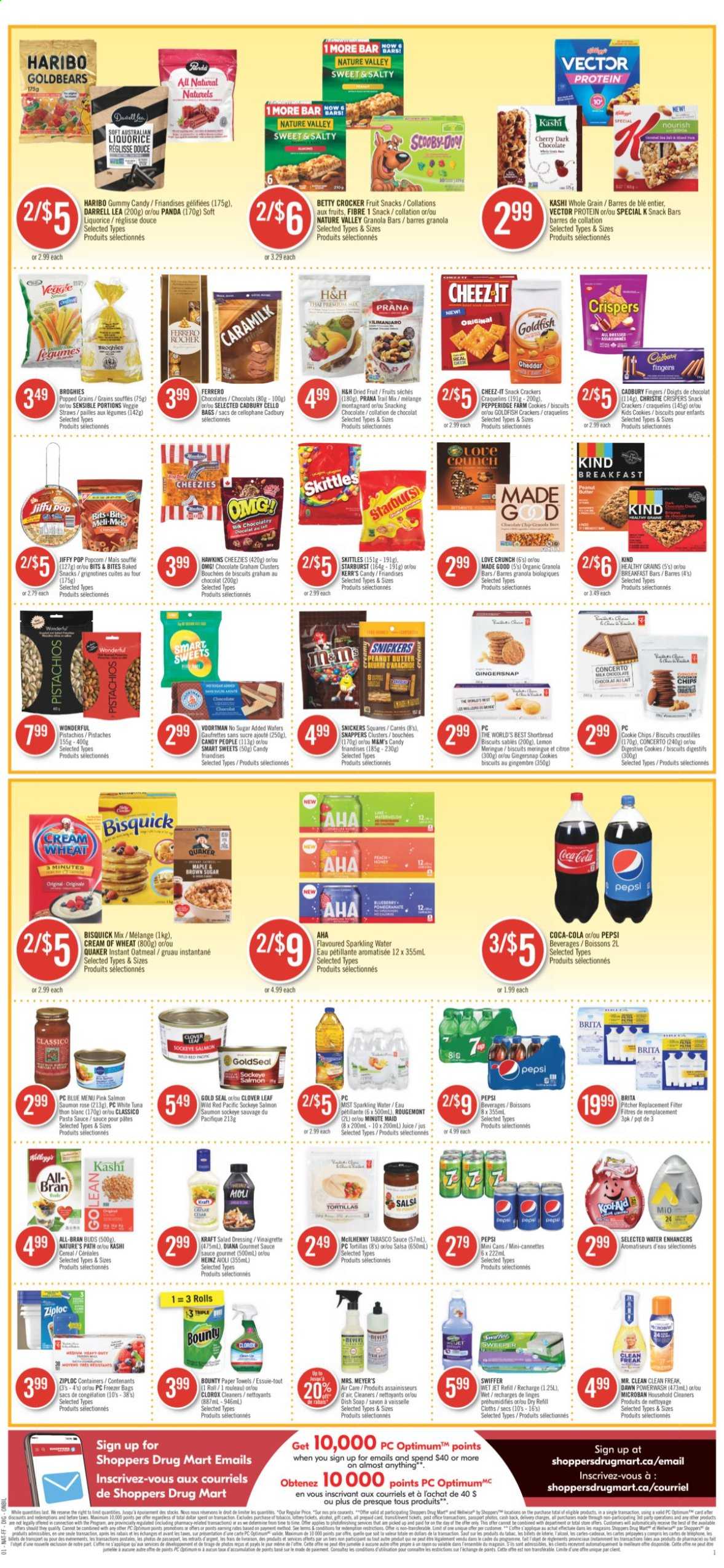 thumbnail - Shoppers Drug Mart Flyer - July 17, 2021 - July 23, 2021 - Sales products - cookies, wafers, chocolate, Haribo, Snickers, Bounty, crackers, biscuit, dark chocolate, Cadbury, Digestive, Skittles, fruit snack, snack bar, Starburst, tortillas, Goldfish, Veggie Straws, Cheez-It, Bisquick, tabasco, oatmeal, salmon, Heinz, pasta sauce, cereals, Cream of Wheat, granola bar, Quaker, Nature Valley, All-Bran, salad dressing, vinaigrette dressing, dressing, salsa, Classico, Kraft®, dried fruit, pistachios, trail mix, Coca-Cola, Pepsi, juice, Clover, fruit punch, kitchen towels, paper towels, Clorox, Swiffer, Jet, soap, Ziploc, tuna, chips, M&M's. Page 6.