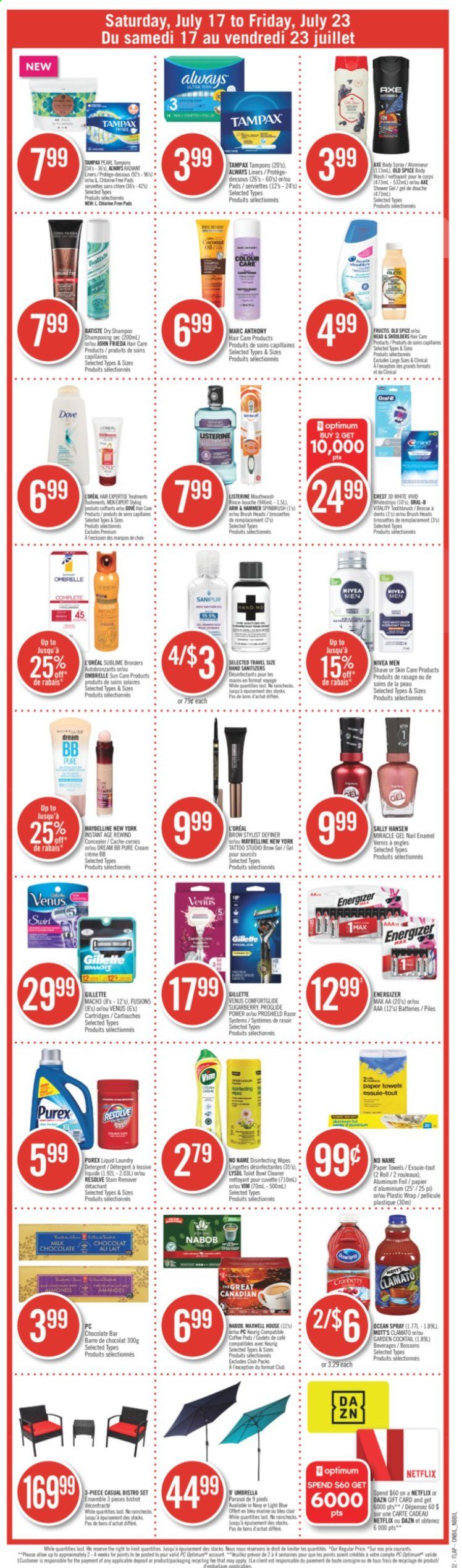 thumbnail - Shoppers Drug Mart Flyer - July 17, 2021 - July 23, 2021 - Sales products - milk chocolate, Mott's, chocolate bar, spice, Clamato, Maxwell House, Keurig, wipes, Always liners, kitchen towels, paper towels, cleaner, stain remover, Lysol, laundry detergent, Purex, body wash, shower gel, toothbrush, mouthwash, Crest, tampons, L’Oréal, John Frieda, Fructis, body spray, razor, Venus, nail enamel, corrector, umbrella, Gillette, Listerine, Maybelline, Sally Hansen, shampoo, Tampax, Head & Shoulders, Nivea, Old Spice. Page 20.