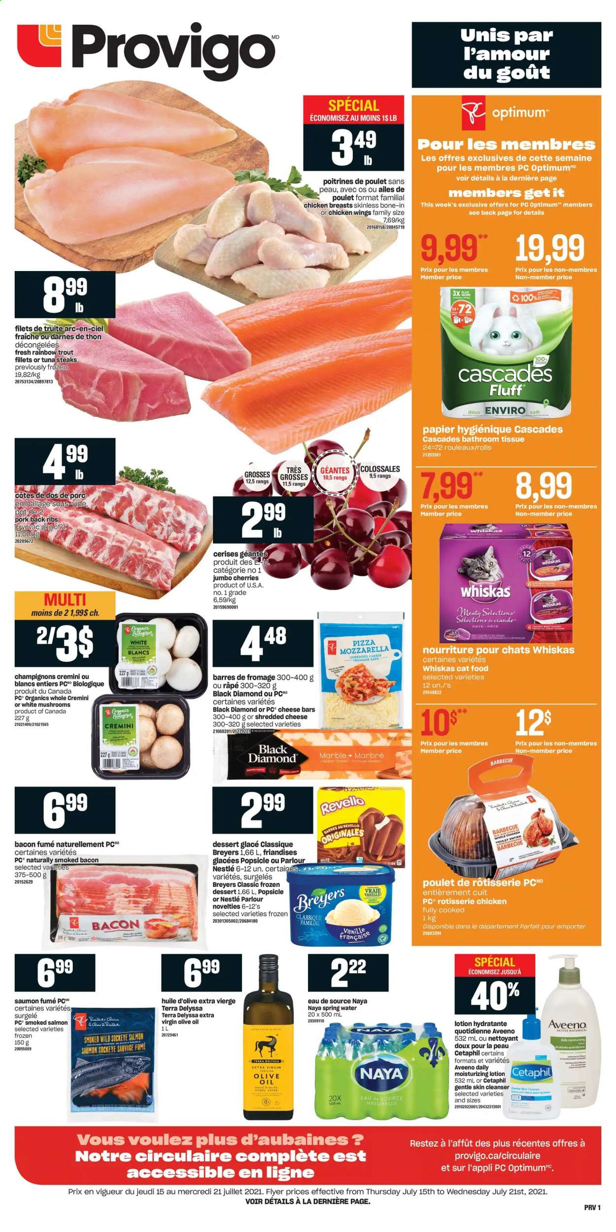 thumbnail - Provigo Flyer - July 15, 2021 - July 21, 2021 - Sales products - Ace, cherries, smoked salmon, trout, pizza, chicken roast, bacon, shredded cheese, cheddar, chicken wings, extra virgin olive oil, olive oil, oil, spring water, chicken breasts, pork meat, pork ribs, pork back ribs, Aveeno, bath tissue, cleanser, body lotion, Nestlé, steak. Page 1.