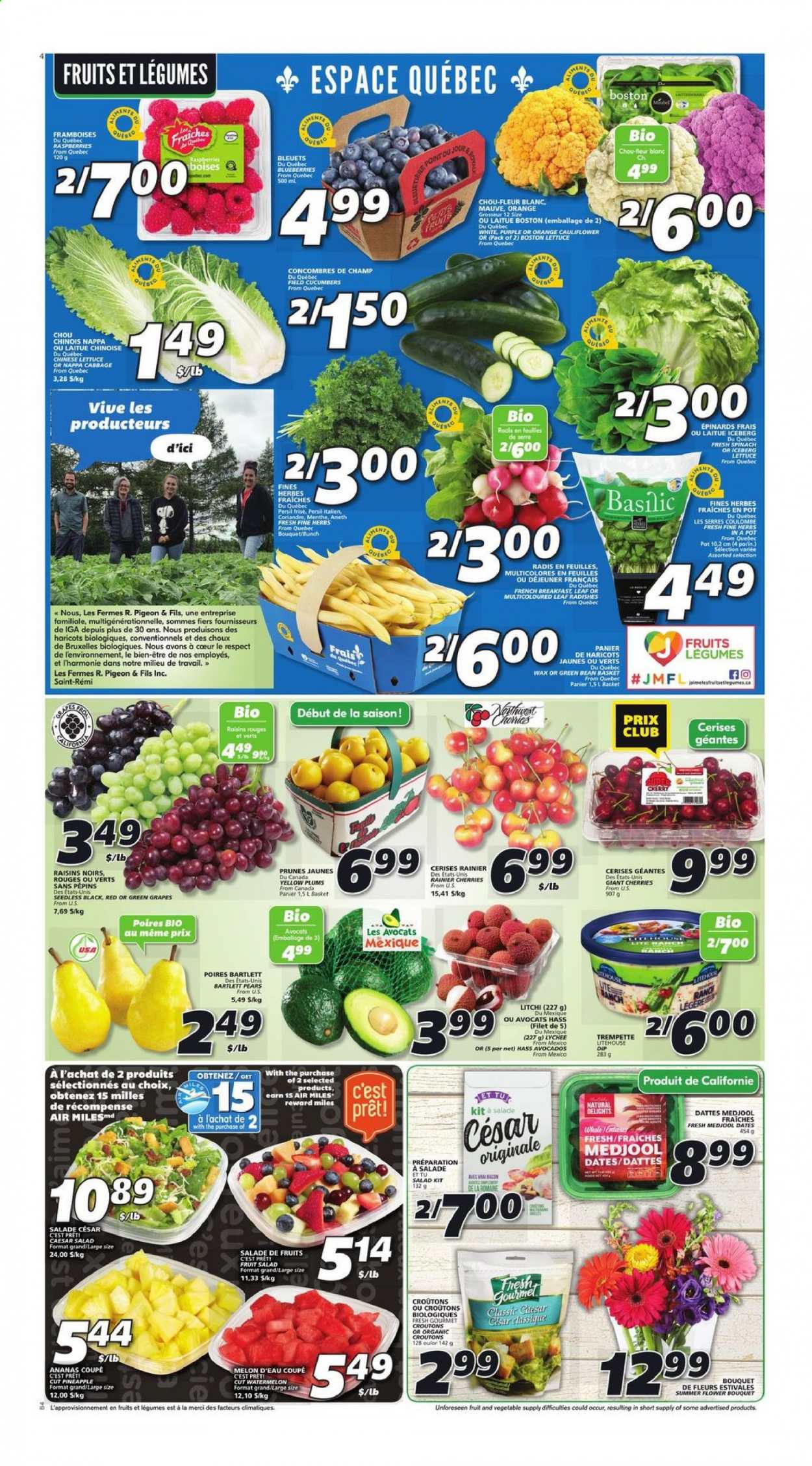 thumbnail - IGA Flyer - July 22, 2021 - July 28, 2021 - Sales products - cabbage, cucumber, radishes, spinach, lettuce, salad, avocado, Bartlett pears, blueberries, grapes, lychee, watermelon, pineapple, plums, cherries, pears, melons, fresh dates, bacon, dip, Merci, croutons, fruit salad, herbs, prunes, dried fruit, raisins. Page 3.