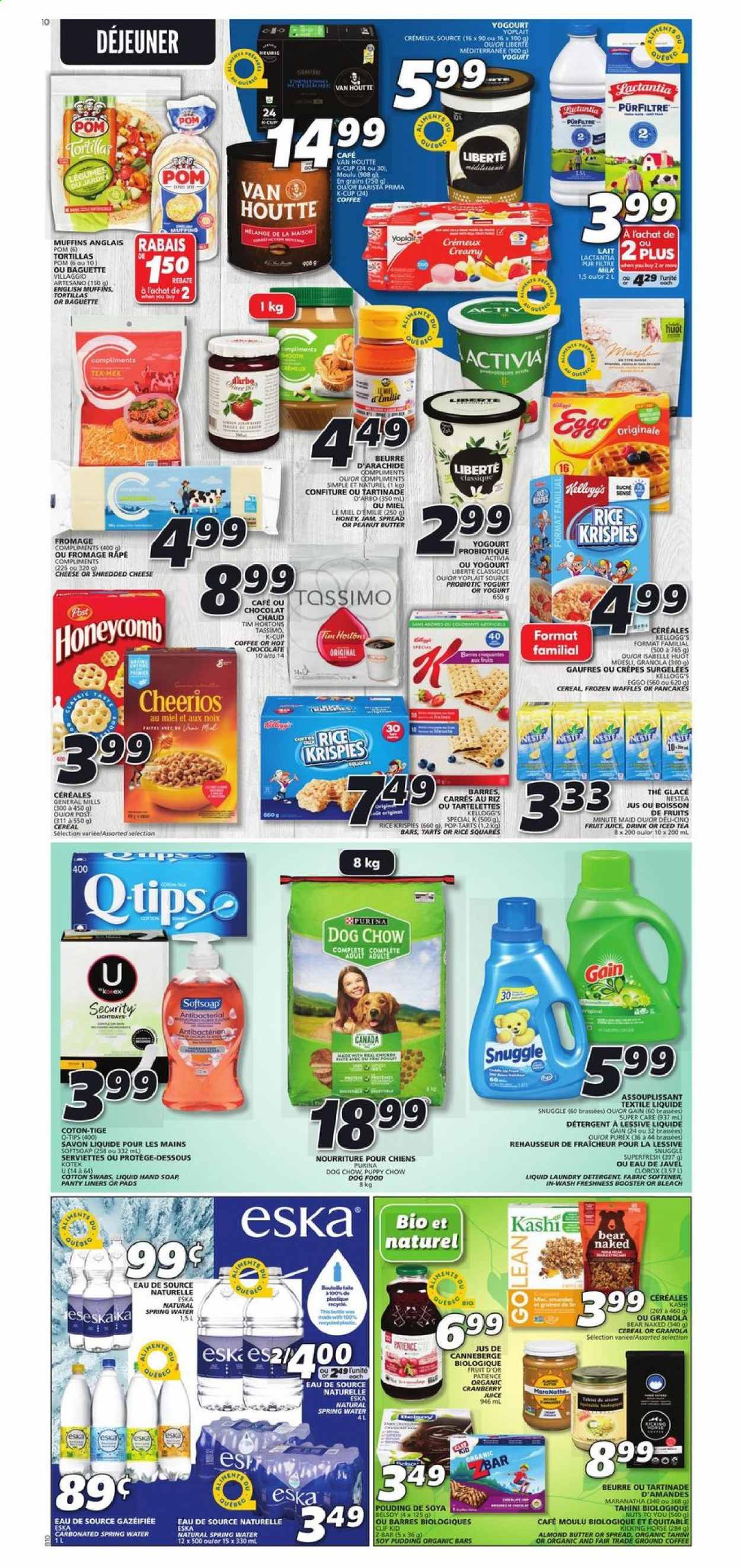 thumbnail - IGA Flyer - July 22, 2021 - July 28, 2021 - Sales products - english muffins, tortillas, waffles, shredded cheese, pudding, yoghurt, probiotic yoghurt, Activia, Yoplait, milk, almond butter, Kellogg's, cereals, Cheerios, muesli, Rice Krispies, tahini, honey, fruit jam, peanut butter, cranberry juice, juice, fruit punch, spring water, hot chocolate, coffee, ground coffee, coffee capsules, K-Cups, granola. Page 9.