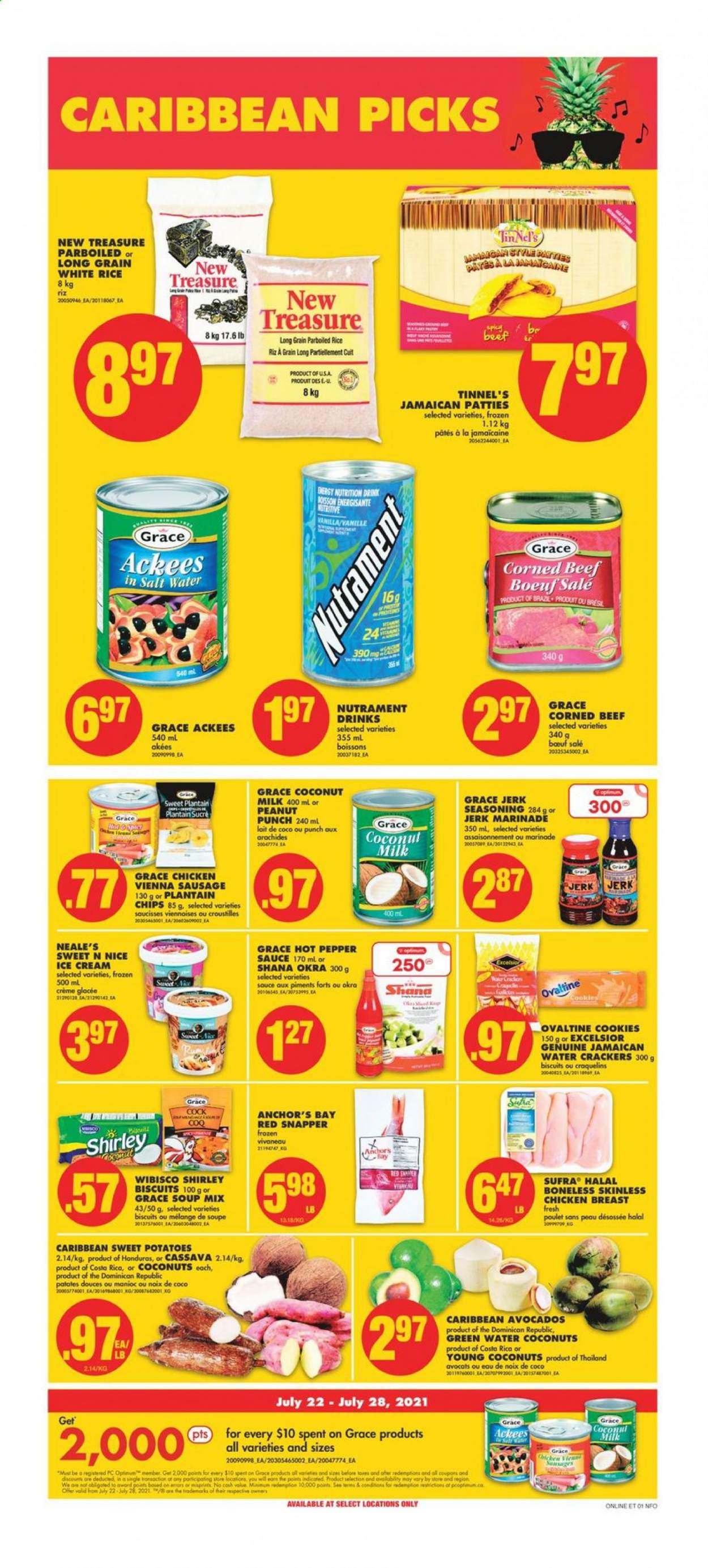 thumbnail - No Frills Flyer - July 22, 2021 - July 28, 2021 - Sales products - sweet potato, potatoes, okra, soup mix, cassava, avocado, red snapper, soup, sauce, ready meal, chicken breasts, sausage, vienna sausage, corned beef, plant-based milk, ice cream, crackers, biscuit, coconut milk, canned fruit, white rice, parboiled rice, spice, marinade, coconut, nutritional supplement. Page 10.
