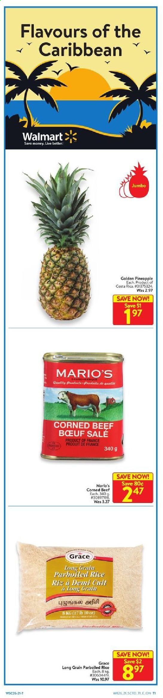 thumbnail - Walmart Flyer - July 22, 2021 - July 28, 2021 - Sales products - pineapple, corned beef, rice, parboiled rice, beef meat. Page 12.