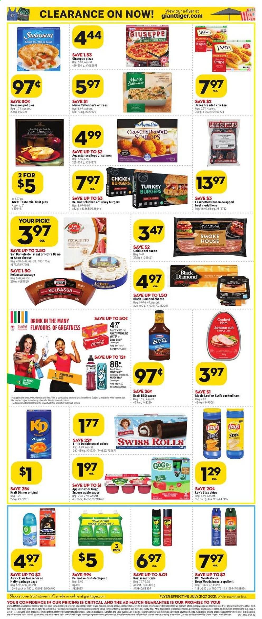 thumbnail - Giant Tiger Flyer - July 21, 2021 - July 27, 2021 - Sales products - cake, pot pie, scallops, pizza, hamburger, sauce, fried chicken, Marie Callender's, Kraft®, bacon, cooked ham, ham, prosciutto, sausage, strips, snack, Lay’s, cinnamon, BBQ sauce, apple sauce, Coca-Cola, Powerade, sparkling water, tea, turkey burger, Palmolive, bag, Hefty, repellent, insecticide, Raid, air freshener, Air Wick, chips. Page 2.