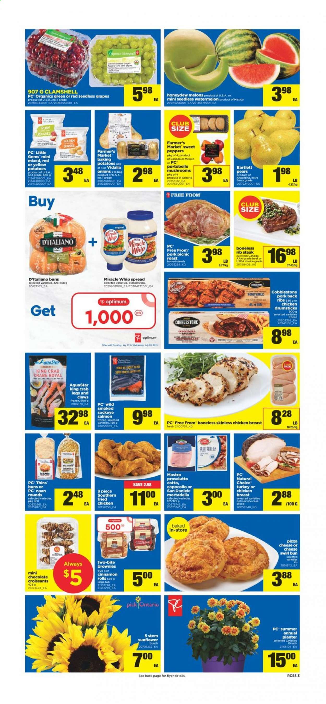 thumbnail - Real Canadian Superstore Flyer - July 22, 2021 - July 28, 2021 - Sales products - portobello mushrooms, croissant, buns, cinnamon roll, brownies, sweet peppers, potatoes, onion, peppers, grapes, seedless grapes, watermelon, honeydew, pears, melons, salmon, king crab, crab legs, crab, pizza, fried chicken, mortadella, prosciutto, Miracle Whip, chocolate, Thins, honey, chicken breasts, chicken drumsticks, chicken, Optimum, sunflower, steak. Page 3.
