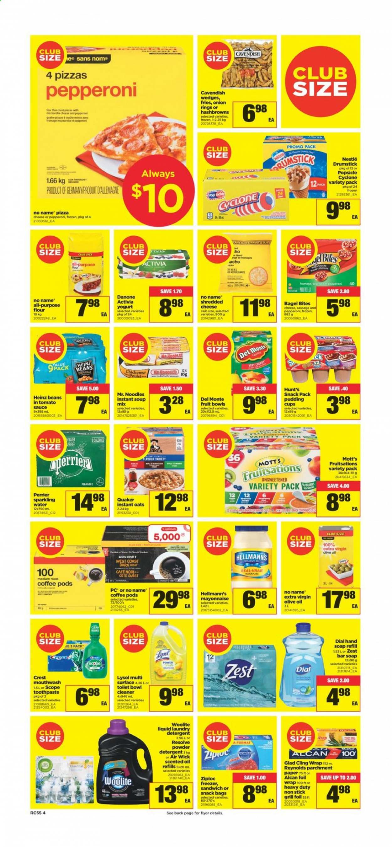 thumbnail - Real Canadian Superstore Flyer - July 22, 2021 - July 28, 2021 - Sales products - bagels, cherries, Mott's, No Name, onion rings, sandwich, soup mix, condensed soup, soup, Quaker, noodles, instant soup, sausage, shredded cheese, pudding, yoghurt, Activia, mayonnaise, Hellmann’s, hash browns, potato fries, flour, oats, Heinz, extra virgin olive oil, olive oil, oil, Perrier, sparkling water, coffee pods, L'Or, cleaner, Lysol, Woolite, laundry detergent, hand soap, soap bar, Dial, soap, toothpaste, mouthwash, Crest, Ziploc, cup, paper, Air Wick, scented oil, grill, Danone, Nestlé. Page 4.