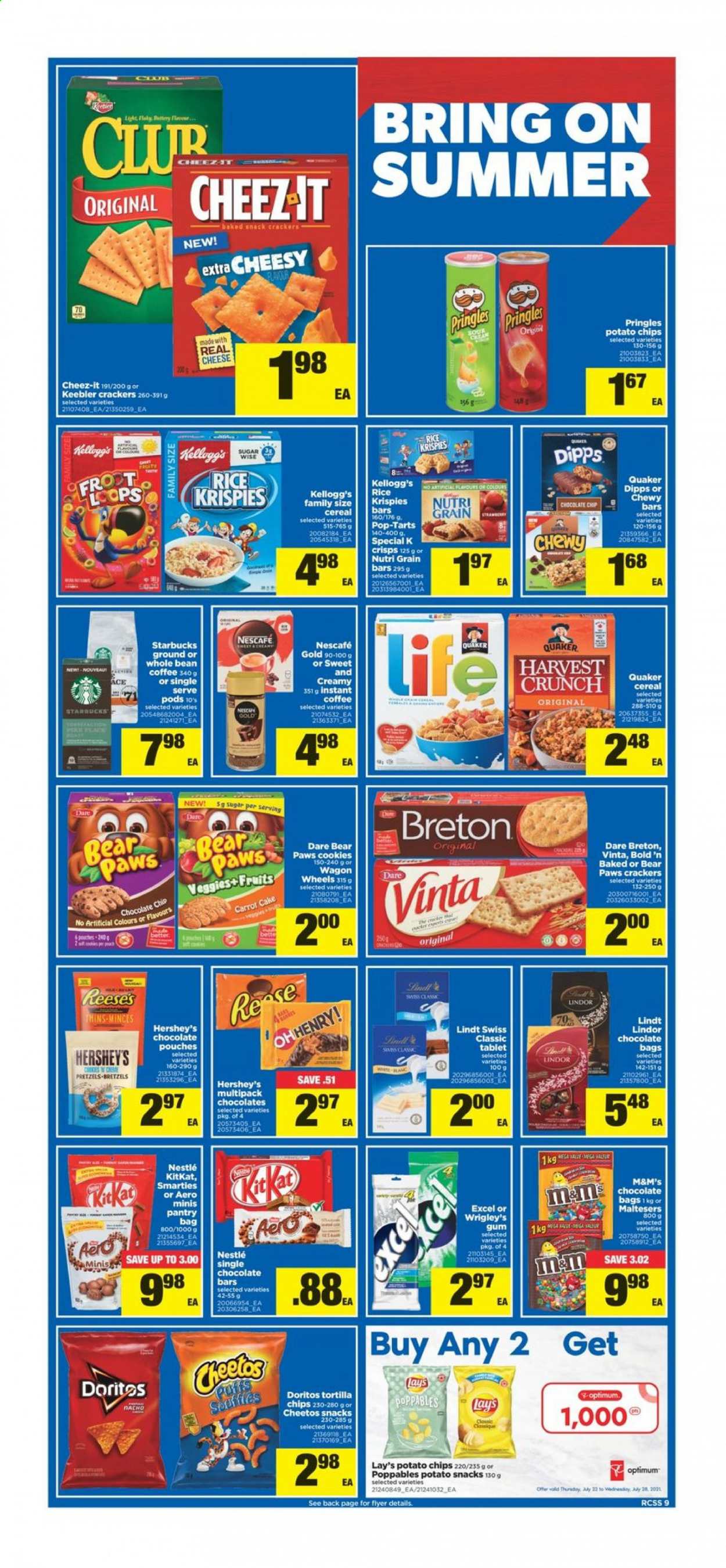 thumbnail - Real Canadian Superstore Flyer - July 22, 2021 - July 28, 2021 - Sales products - tablet, tortillas, pretzels, cake, Quaker, Reese's, Hershey's, cookies, snack, KitKat, crackers, Kellogg's, Maltesers, Pop-Tarts, Keebler, chocolate bar, Doritos, potato chips, Pringles, Cheetos, Lay’s, Thins, Cheez-It, sugar, cereals, Rice Krispies, Nutri-Grain, instant coffee, Starbucks, Paws, Optimum, WD, wagon, Nestlé, chips, Nescafé, M&M's. Page 9.