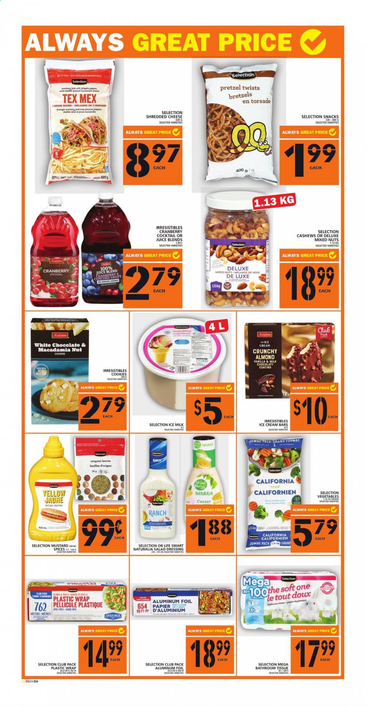 thumbnail - Food Basics Flyer - July 22, 2021 - July 28, 2021 - Sales products - pretzels, pizza, shredded cheese, milk, butter, ice cream, ice cream bars, cookies, snack, mustard, salad dressing, dressing, cashews, mixed nuts, juice, bath tissue, aluminium foil. Page 9.