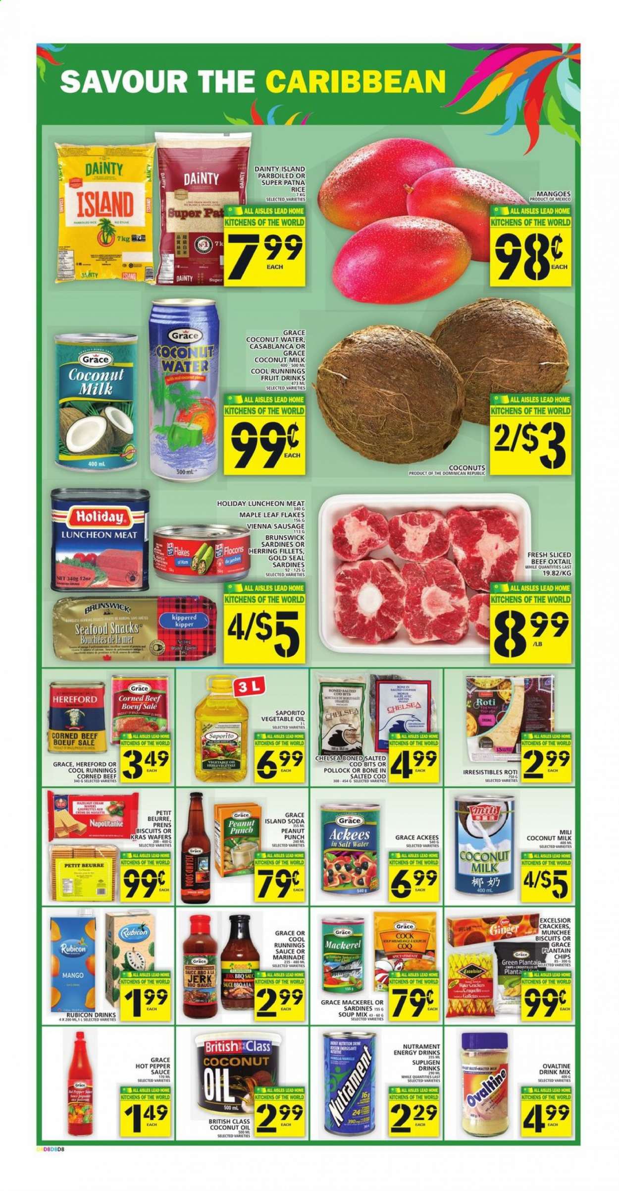 thumbnail - Food Basics Flyer - July 22, 2021 - July 28, 2021 - Sales products - roti, ginger, soup mix, snack, cod, mackerel, sardines, herring, pollock, soup, sauce, sausage, vienna sausage, lunch meat, corned beef, plant-based milk, wafers, crackers, biscuit, chips, coconut milk, canned fruit, canned fish, canned meat, marinade, coconut oil, vegetable oil, juice, energy drink, fruit drink, coconut water, soda, powder drink, oxtail. Page 11.