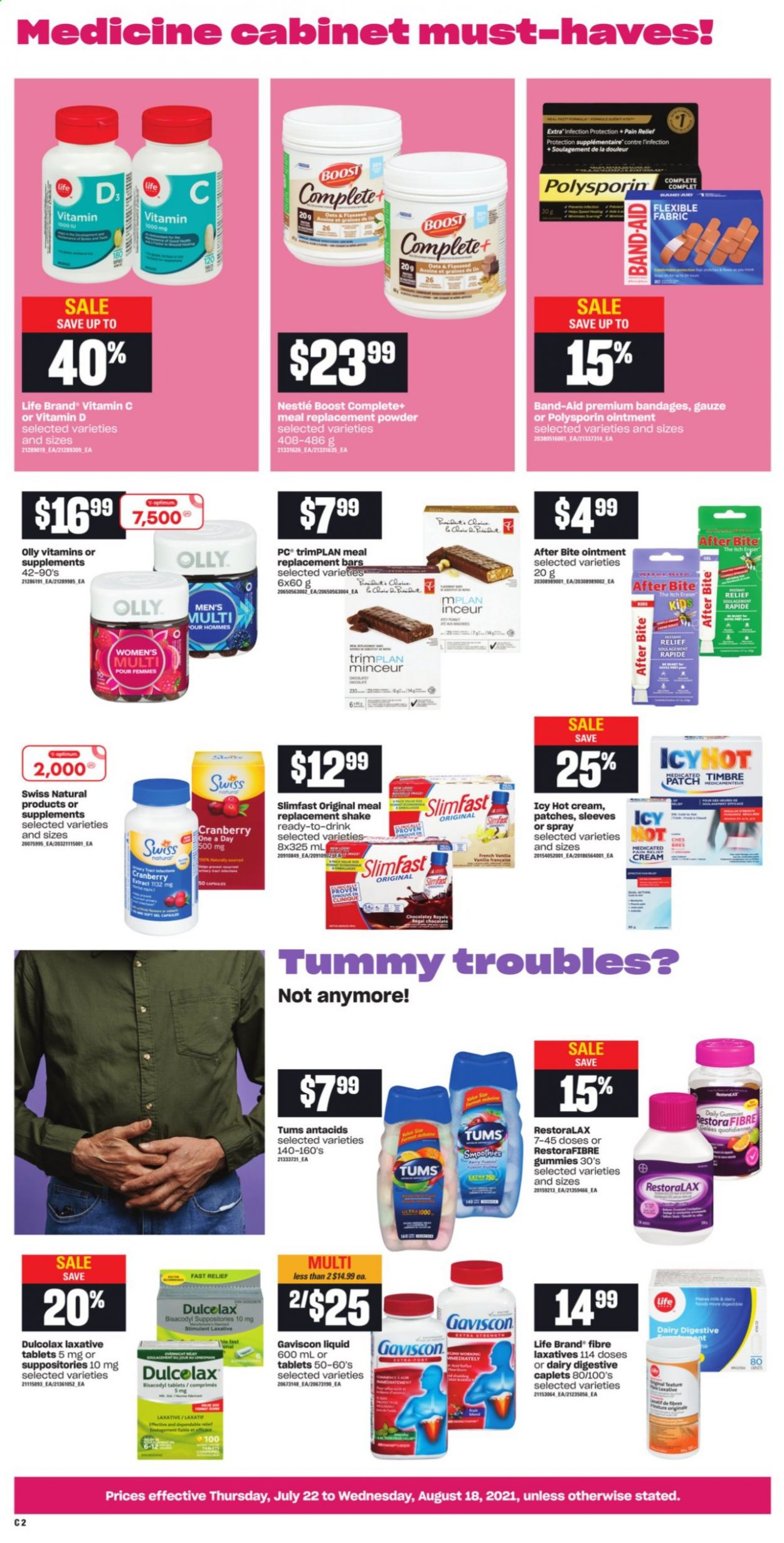 thumbnail - Atlantic Superstore Flyer - July 22, 2021 - August 18, 2021 - Sales products - Slimfast, shake, chocolate, Digestive, oats, smoothie, Boost, ointment, Optimum, pain relief, Dulcolax, vitamin c, Gaviscon, laxative, Nestlé. Page 2.