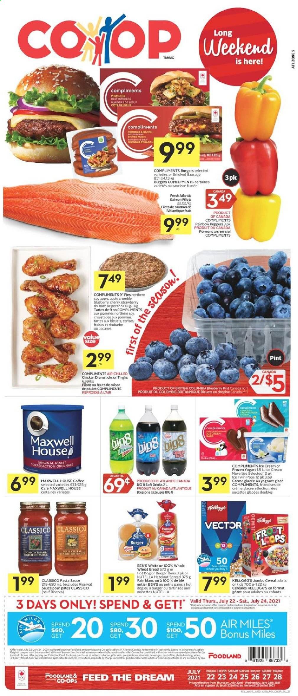 thumbnail - Co-op Flyer - July 22, 2021 - July 28, 2021 - Sales products - wheat bread, buns, burger buns, rhubarb, peppers, salmon, salmon fillet, hot dog, pasta sauce, sauce, beef burger, sausage, smoked sausage, cheddar, cheese, yoghurt, ice cream, Kellogg's, cereals, Classico, soft drink, Maxwell House, coffee, chicken drumsticks, chicken, Nutella. Page 1.