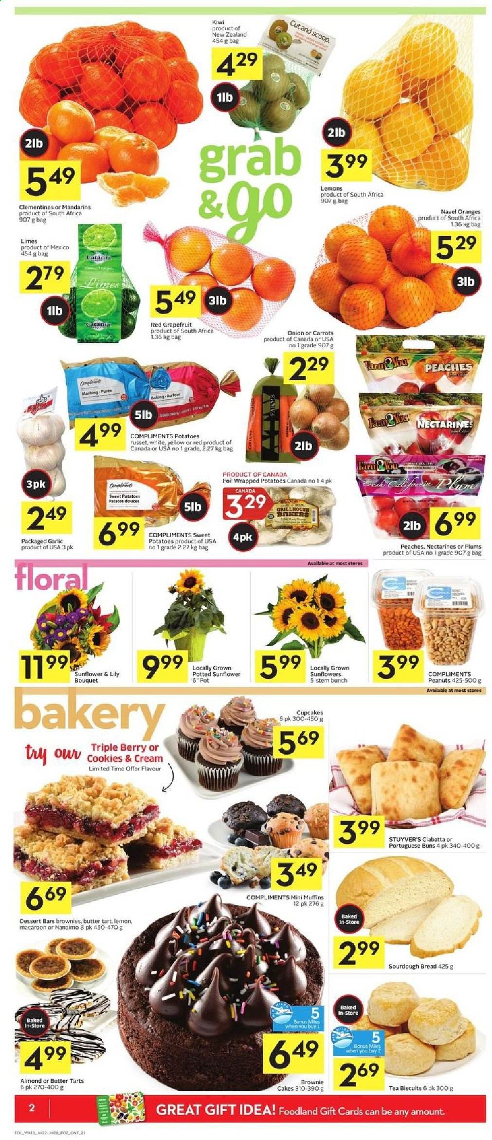 thumbnail - Foodland Flyer - July 22, 2021 - July 28, 2021 - Sales products - bread, cake, tart, buns, sourdough bread, cupcake, muffin, carrots, garlic, russet potatoes, potatoes, onion, clementines, grapefruits, limes, mandarines, nectarines, plums, lemons, peaches, navel oranges, butter, cookies, biscuit, peanuts, tea, kiwi. Page 2.