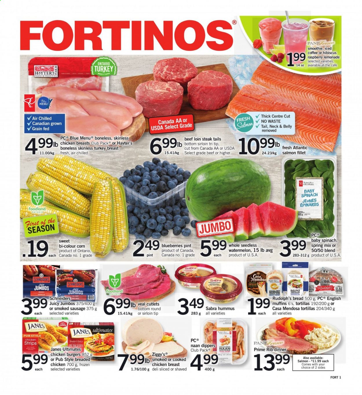 thumbnail - Fortinos Flyer - July 22, 2021 - July 28, 2021 - Sales products - bread, english muffins, tortillas, corn, spinach, blueberries, watermelon, salmon, salmon fillet, hamburger, fried chicken, sausage, smoked sausage, hummus, strips, lemonade, smoothie, iced coffee, turkey breast, chicken, turkey, veal cutlet, veal meat, AVG, steak. Page 1.