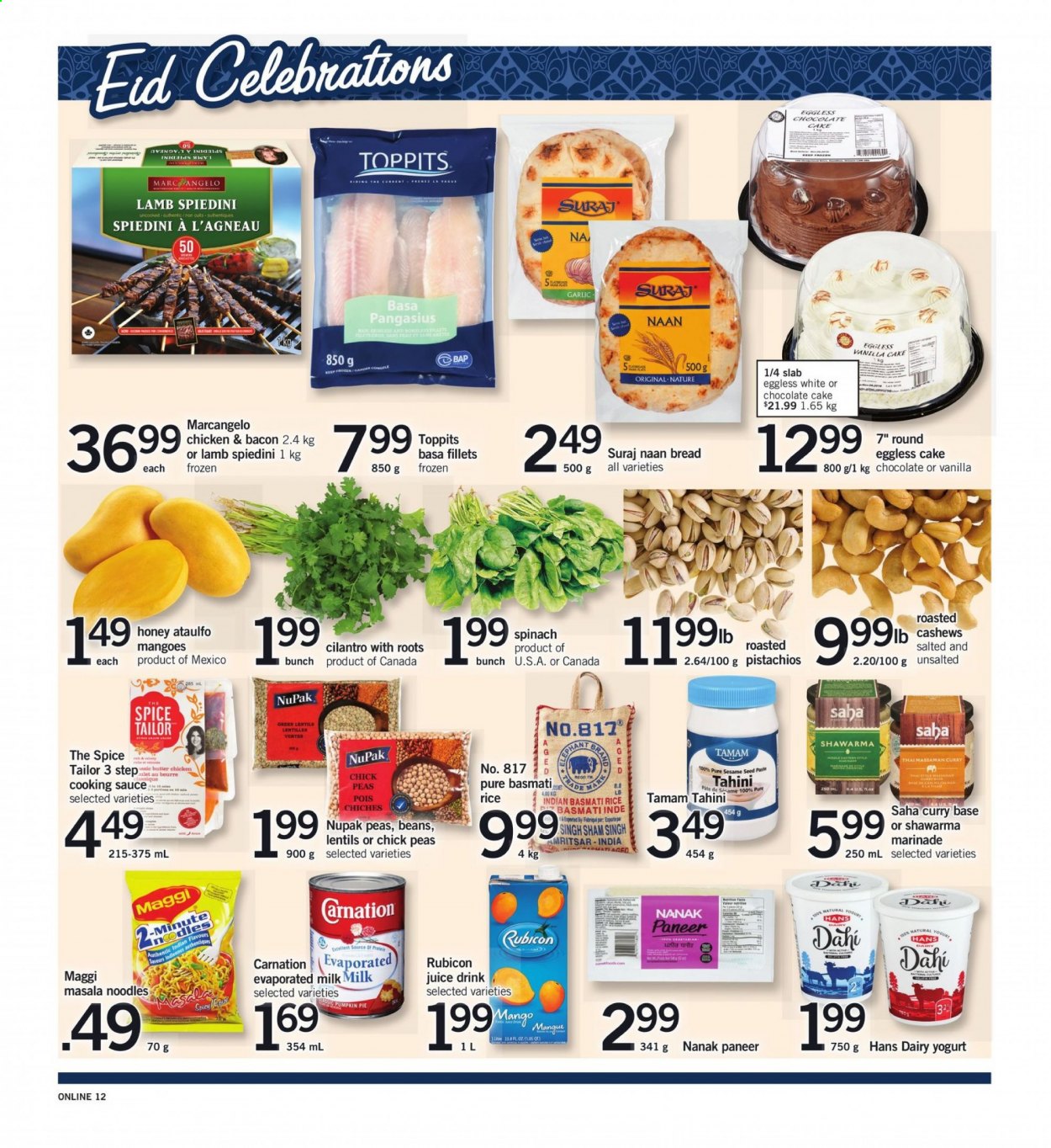 thumbnail - Fortinos Flyer - July 22, 2021 - July 28, 2021 - Sales products - bread, cake, pie, chocolate cake, garlic, pumpkin, pangasius, sauce, noodles, bacon, paneer, yoghurt, evaporated milk, butter, chocolate, Celebration, sesame seed, Maggi, lentils, basmati rice, rice, cilantro, spice, tahini, marinade, honey, cashews, pistachios, juice, punch, Ron Pelicano, TV. Page 13.