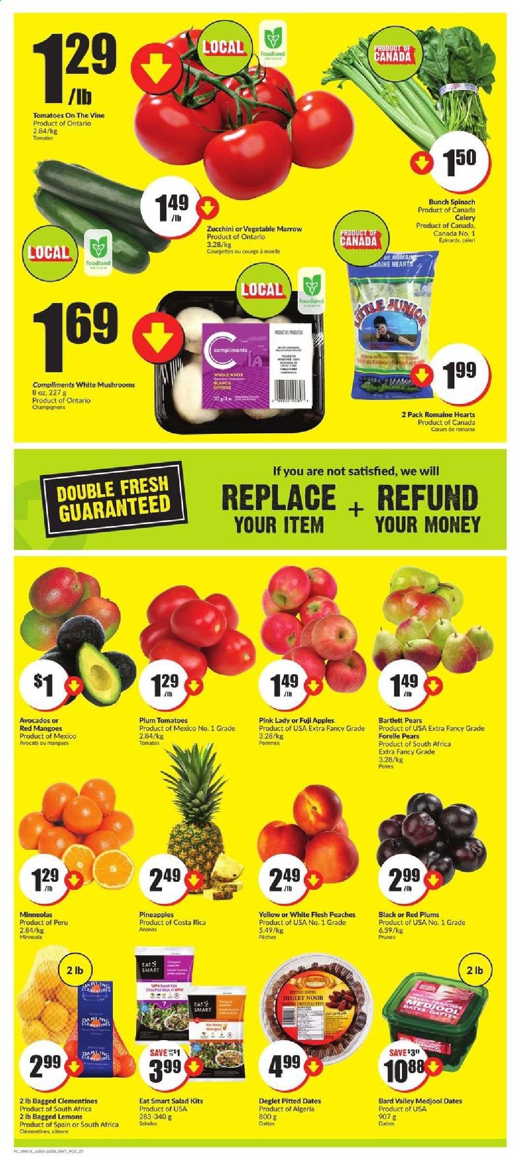 thumbnail - Circulaire FreshCo. - 22 Juillet 2021 - 28 Juillet 2021 - Produits soldés - tomates, pommes, citron, poire, pêche, datte, ananas, céleri, courge, courgette, épinard, clémentines. Page 2.