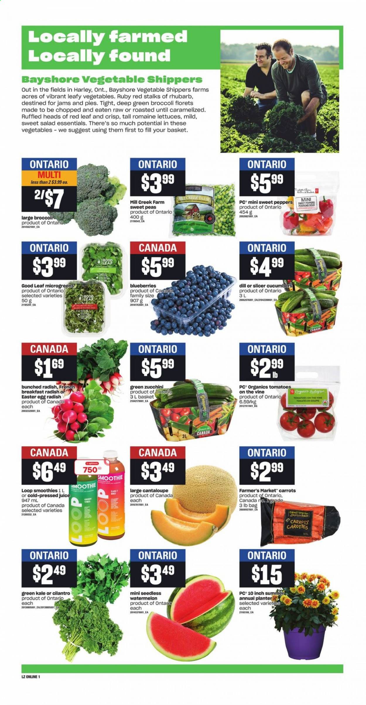 thumbnail - Loblaws Flyer - July 22, 2021 - July 28, 2021 - Sales products - broccoli, cantaloupe, carrots, cucumber, radishes, sweet peppers, tomatoes, zucchini, kale, peas, salad, peppers, watermelon, eggs, cilantro, dill, juice, smoothie, Optimum. Page 4.