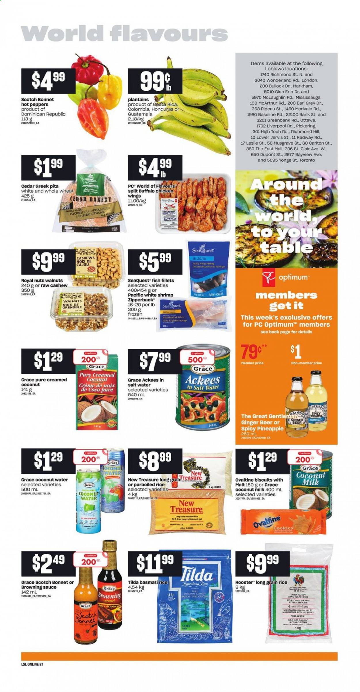 thumbnail - Loblaws Flyer - July 22, 2021 - July 28, 2021 - Sales products - pita, peppers, pineapple, plantains, fish fillets, fish, shrimps, sauce, cookies, biscuit, malt, coconut milk, basmati rice, rice, parboiled rice, long grain rice, caramel, cashews, walnuts, coconut water, beer, DAC, Optimum, ginger beer. Page 13.
