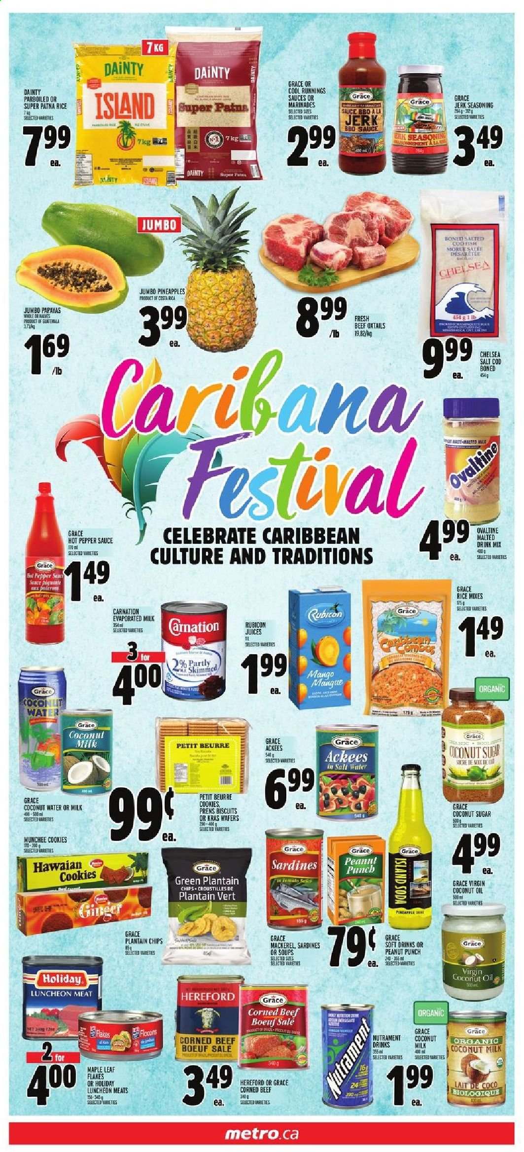 thumbnail - Metro Flyer - July 22, 2021 - July 28, 2021 - Sales products - ginger, pineapple, cod, mackerel, sardines, fish, lunch meat, corned beef, evaporated milk, Ola, cookies, wafers, biscuit, sugar, coconut sugar, coconut milk, spice, coconut oil, oil, juice, coconut water, soft drink, soda, punch, beef meat, chips, deodorant. Page 7.