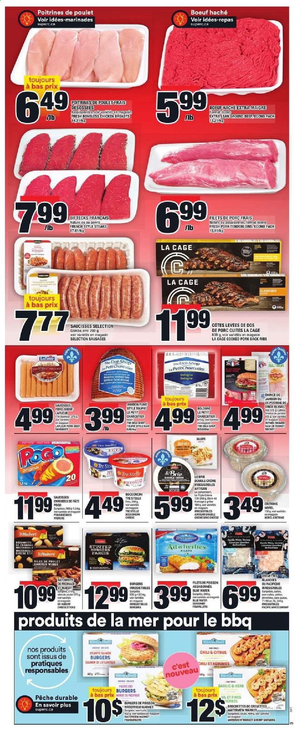 thumbnail - Super C Flyer - July 22, 2021 - July 28, 2021 - Sales products - fish fillets, fish, shrimps, hamburger, ham, bologna sausage, sausage, beef sausage, bocconcini, cheese, brie, feta, chicken wings, cheese sticks, Ron Pelicano, turkey breast, chicken breasts, turkey, beef meat, ground beef, pork tenderloin, steak. Page 4.