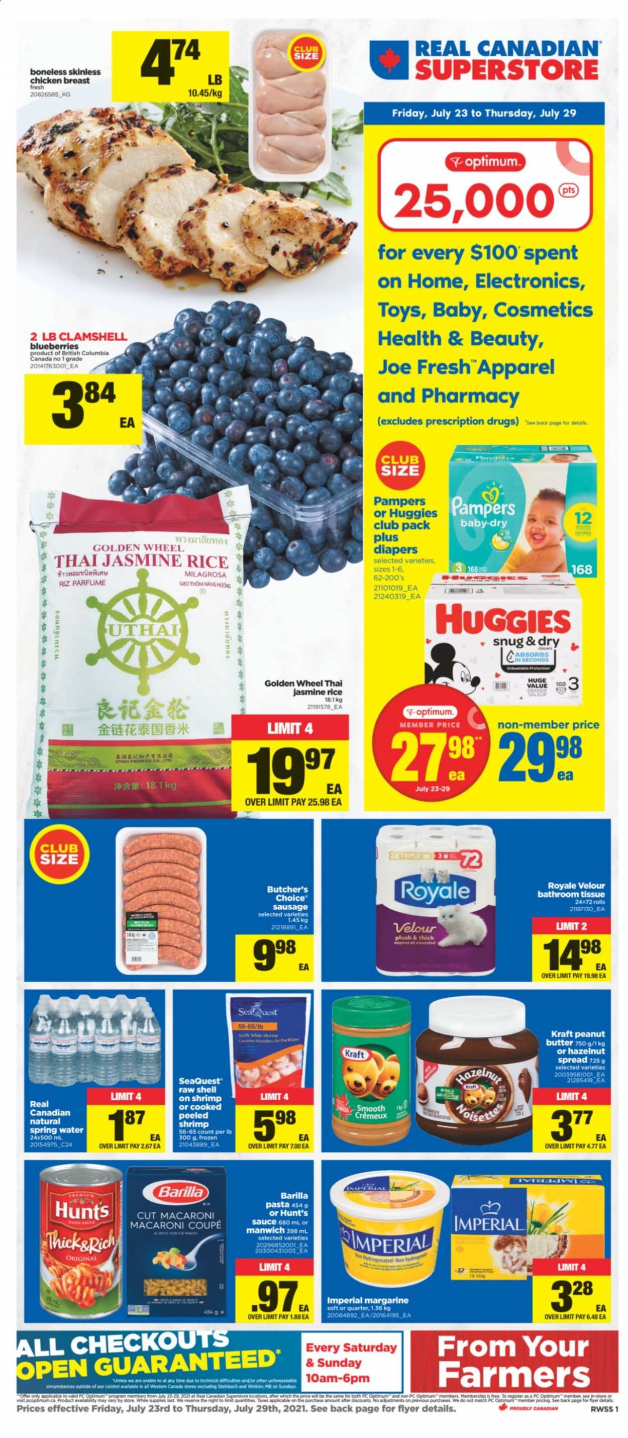 thumbnail - Real Canadian Superstore Flyer - July 23, 2021 - July 29, 2021 - Sales products - blueberries, macaroni, pasta, sauce, Barilla, Kraft®, sausage, margarine, Manwich, rice, jasmine rice, peanut butter, hazelnut spread, spring water, chicken breasts, chicken, nappies, bath tissue, Optimum, toys, Huggies, Pampers. Page 1.