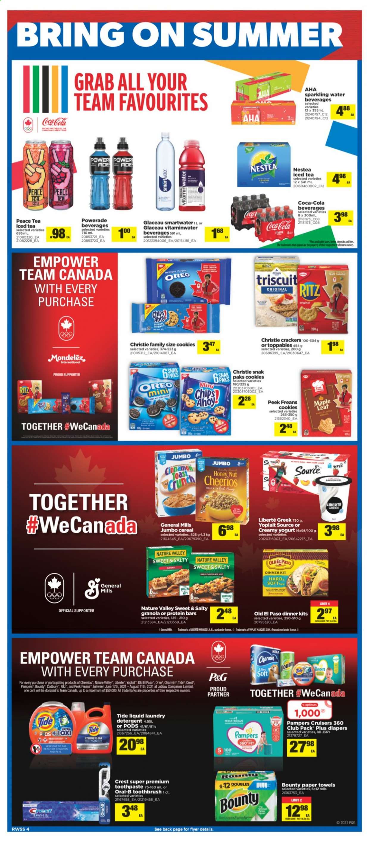 thumbnail - Real Canadian Superstore Flyer - July 23, 2021 - July 29, 2021 - Sales products - Old El Paso, dinner kit, yoghurt, Yoplait, cookies, Bounty, crackers, Cadbury, RITZ, cereals, Cheerios, protein bar, Nature Valley, cinnamon, Coca-Cola, Powerade, ice tea, sparkling water, nappies, kitchen towels, paper towels, Charmin, Tide, toothbrush, toothpaste, Crest, Oreo, granola, Pampers, Oral-B, chips. Page 4.