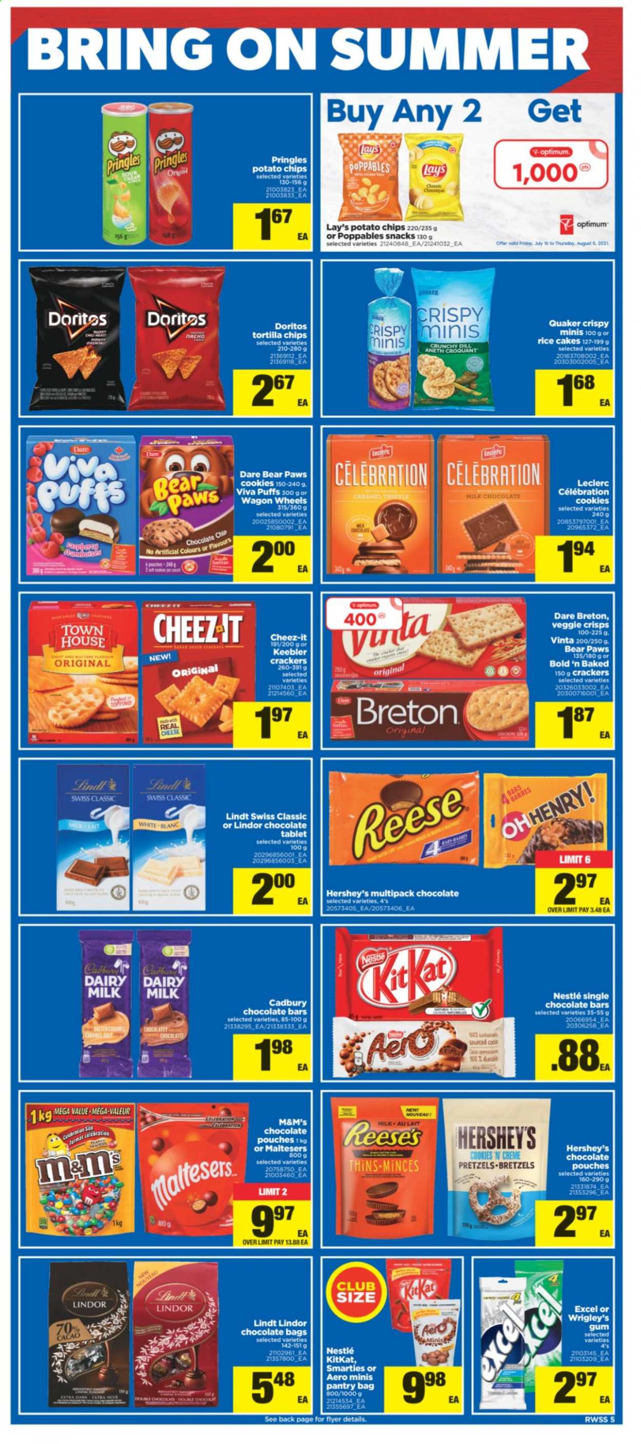thumbnail - Real Canadian Superstore Flyer - July 23, 2021 - July 29, 2021 - Sales products - tablet, pretzels, puffs, Quaker, cheese, Reese's, Hershey's, cookies, milk chocolate, snack, KitKat, Celebration, crackers, Maltesers, Cadbury, Dairy Milk, Keebler, chocolate bar, Doritos, tortilla chips, potato chips, Pringles, Lay’s, Thins, Cheez-It, topping, dill, Paws, Optimum, wagon, Nestlé, chips, M&M's. Page 5.