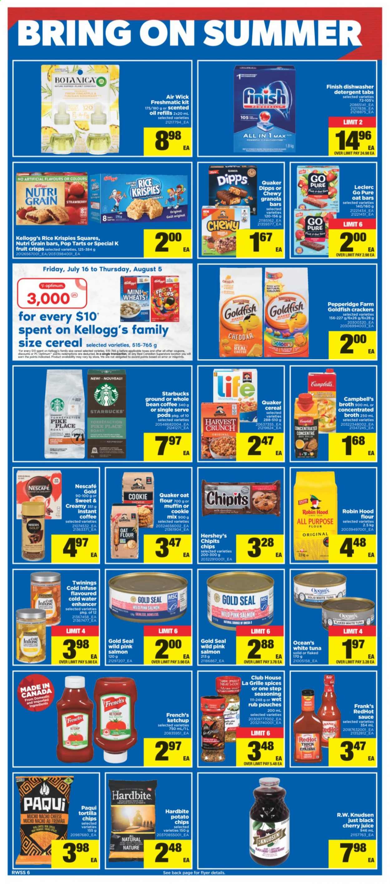 thumbnail - Real Canadian Superstore Flyer - July 23, 2021 - July 29, 2021 - Sales products - tortillas, salmon, tuna, Campbell's, Quaker, cheese, Hershey's, crackers, Kellogg's, Pop-Tarts, potato chips, Goldfish, broth, cereals, granola bar, Rice Krispies, Nutri-Grain, spice, oil, cherry juice, juice, Twinings, instant coffee, Starbucks, Air Wick, scented oil, chips, Nescafé. Page 6.