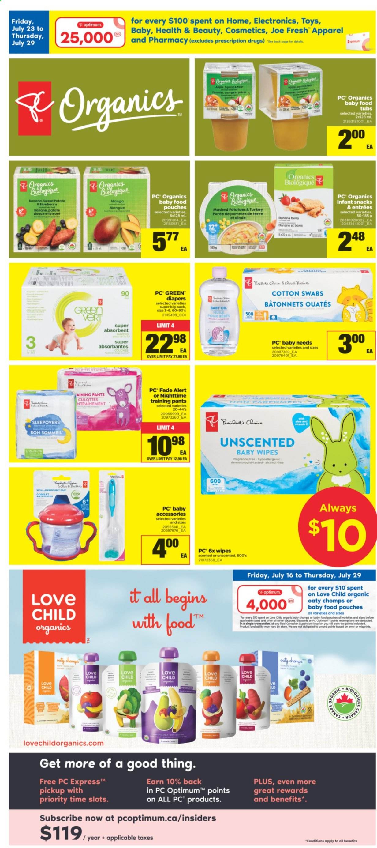 thumbnail - Real Canadian Superstore Flyer - July 23, 2021 - July 29, 2021 - Sales products - Apple, pears, mashed potatoes, snack, oil, alcohol, wipes, pants, baby wipes, nappies, baby pants, baby oil, fragrance, cup, Optimum, toys. Page 17.