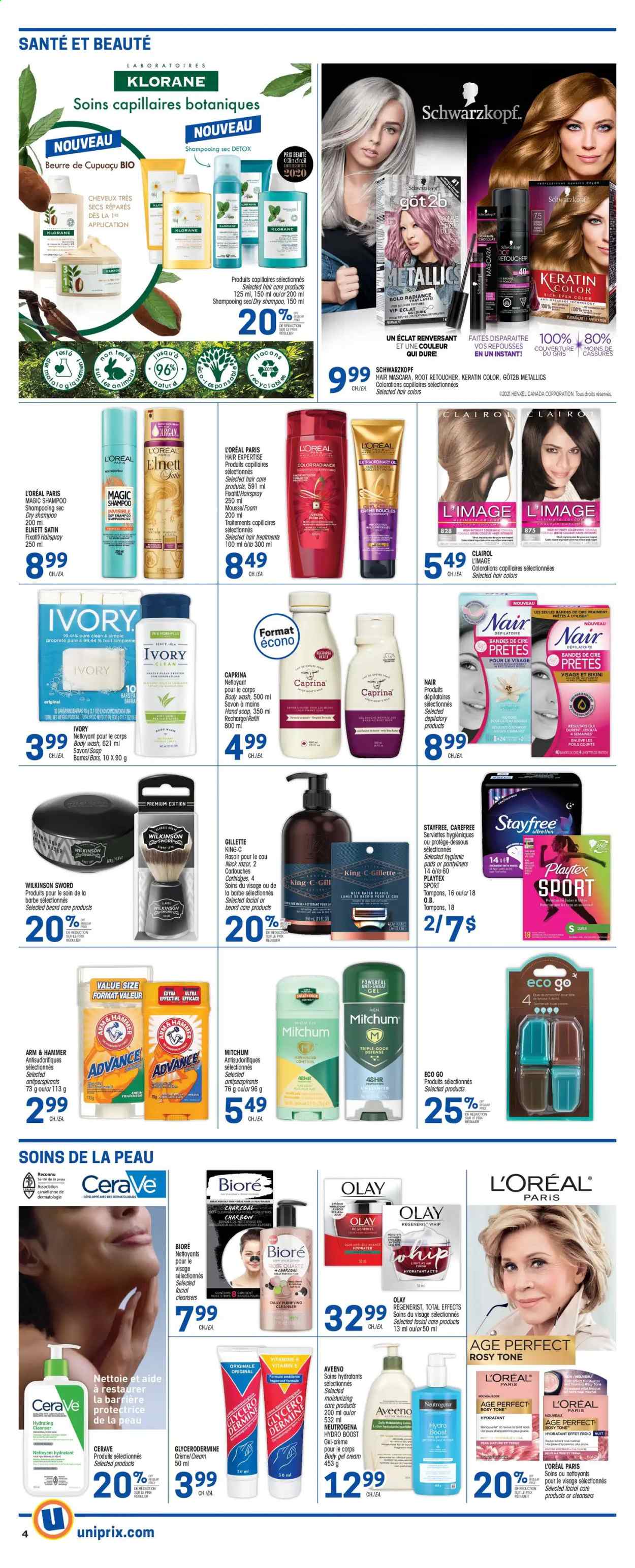 thumbnail - Uniprix Flyer - July 22, 2021 - July 28, 2021 - Sales products - ARM & HAMMER, oil, Boost, Aveeno, body wash, hand soap, face gel, soap, Stayfree, Playtex, Carefree, pantyliners, tampons, CeraVe, cleanser, gel cream, L’Oréal, moisturizer, Olay, Bioré®, Clairol, keratin, Klorane, body lotion, Eclat, razor, Gillette, mascara, Neutrogena, shampoo. Page 5.