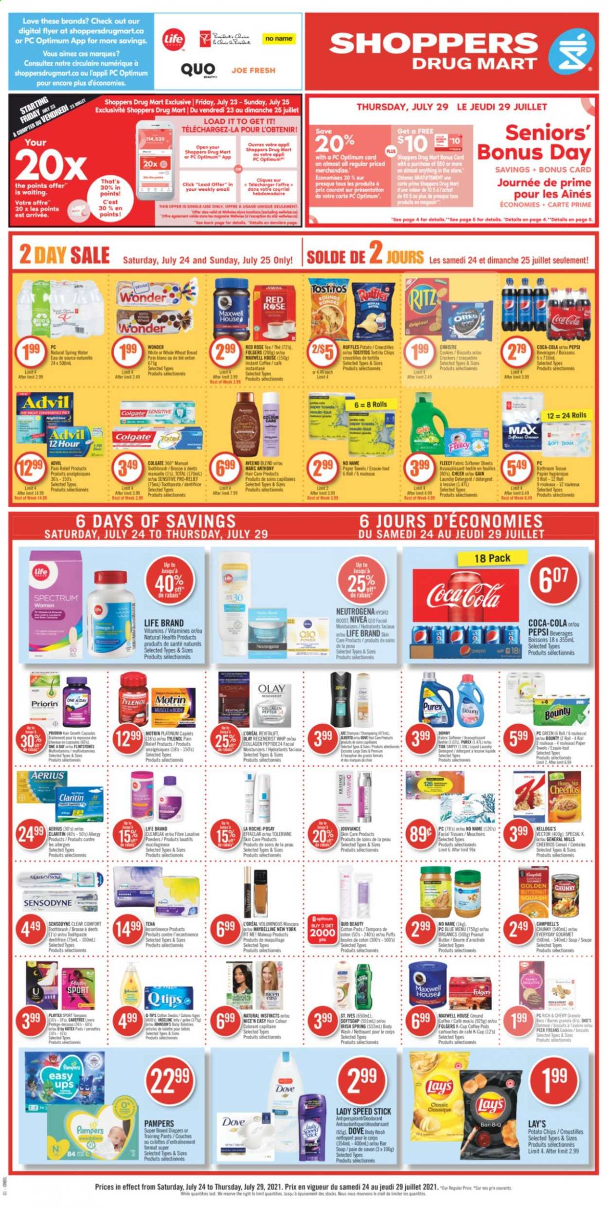 thumbnail - Shoppers Drug Mart Flyer - July 24, 2021 - July 29, 2021 - Sales products - cookies, Bounty, crackers, Kellogg's, biscuit, RITZ, tortilla chips, potato chips, Lay’s, Ruffles, Tostitos, oatmeal, soup, cereals, Cheerios, granola bar, Campbell's, peanut butter, Coca-Cola, Pepsi, spring water, Boost, Maxwell House, tea, coffee pods, instant coffee, Folgers, ground coffee, coffee capsules, K-Cups, pants, nappies, Johnson's, baby pants, Aveeno, bath tissue, kitchen towels, paper towels, Gain, Tide, fabric softener, laundry detergent, Purex, Downy Laundry, body wash, Softsoap, soap bar, soap, toothbrush, toothpaste, Playtex, Carefree, Kotex, Kotex pads, tampons, facial tissues, L’Oréal, La Roche-Posay, moisturizer, Olay, hair color, anti-perspirant, Speed Stick, makeup, Tylenol, Advil Rapid, Spectrum, laxative, Motrin, Oreo, mascara, Maybelline, Neutrogena, Pampers, Nivea, chips, Sensodyne, deodorant. Page 1.
