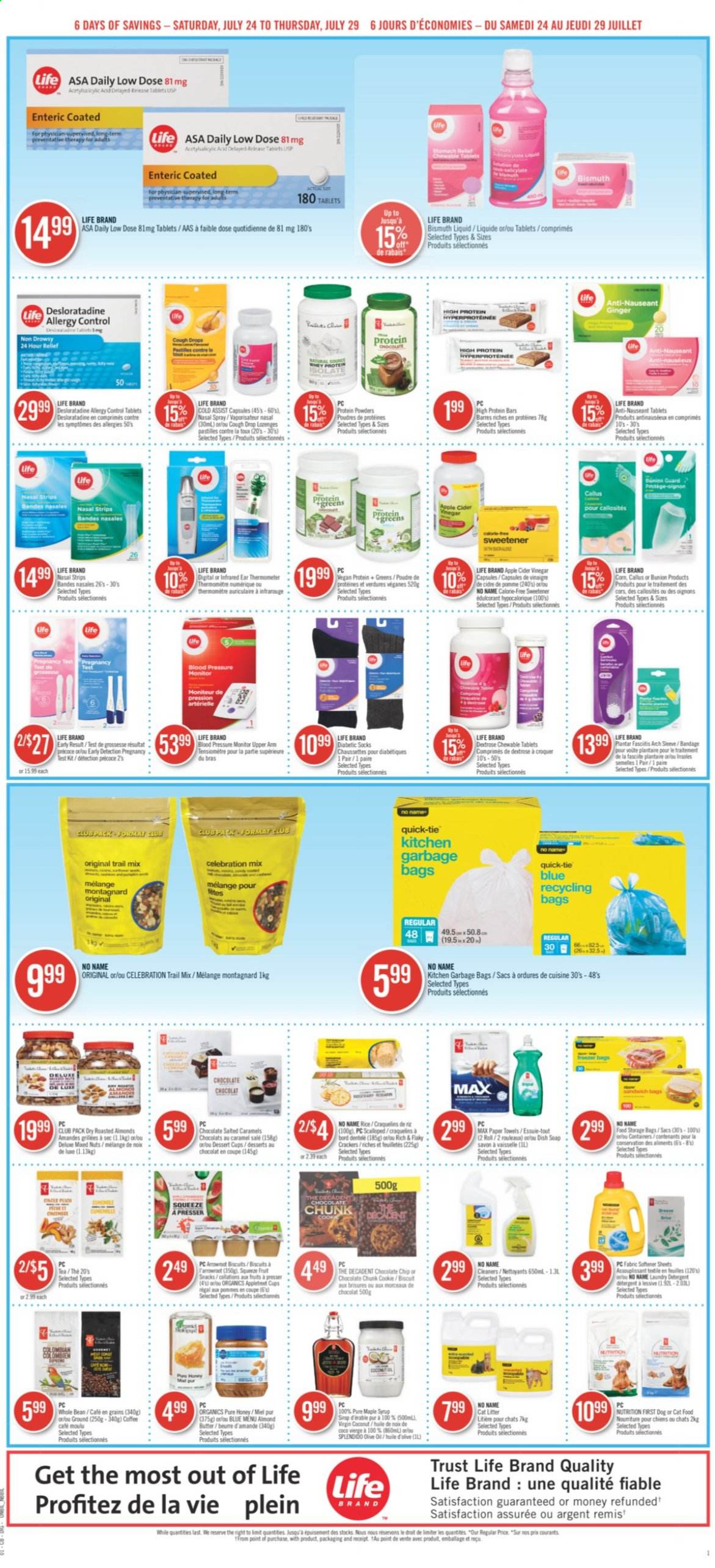 thumbnail - Shoppers Drug Mart Flyer - July 24, 2021 - July 29, 2021 - Sales products - chocolate chips, Celebration, crackers, biscuit, pastilles, fruit snack, sweetener, corn, rice, ginger, caramel, apple cider vinegar, vinegar, maple syrup, honey, syrup, trail mix, tea, coffee, kitchen towels, paper towels, laundry detergent, soap, Trust, bag, pressure monitor, socks, Low Dose, nasal spray, thermometer, bra. Page 8.