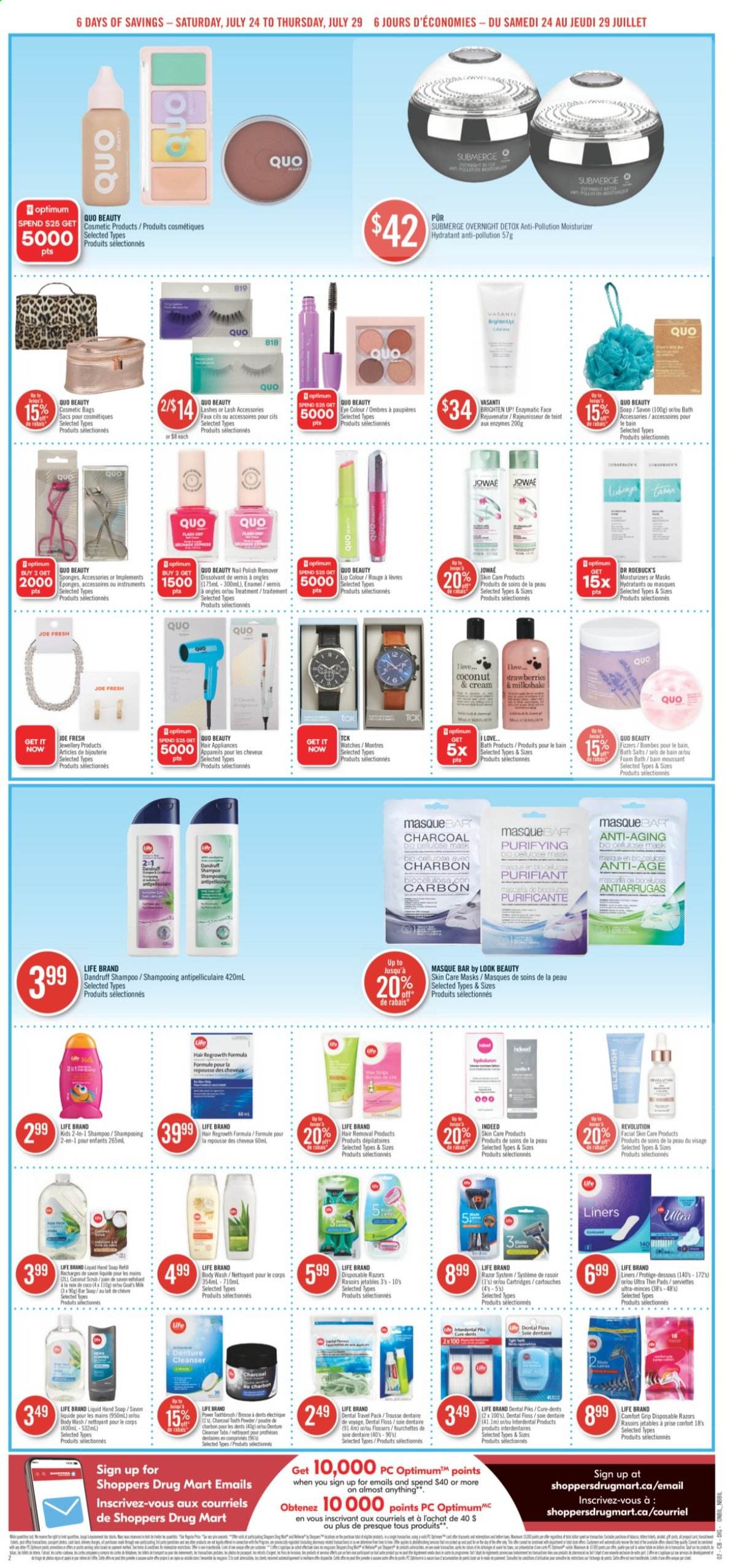 thumbnail - Shoppers Drug Mart Flyer - July 24, 2021 - July 29, 2021 - Sales products - body wash, hand soap, bath foam, soap bar, soap, toothbrush, cleanser, moisturizer, razor, hair removal, disposable razor, cosmetic bag, nail polish remover, watch, shampoo. Page 9.