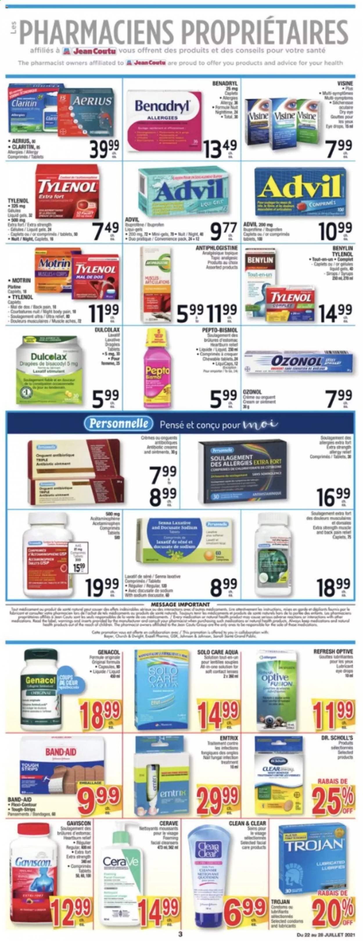 thumbnail - Jean Coutu Flyer - July 22, 2021 - July 28, 2021 - Sales products - CeraVe, Clean & Clear, contour, pan, Dr. Scholl's, Dulcolax, Tylenol, Ibuprofen, Pepto-bismol, eye drops, Advil Rapid, Gaviscon, Benylin, Motrin, lenses, contact lenses. Page 3.