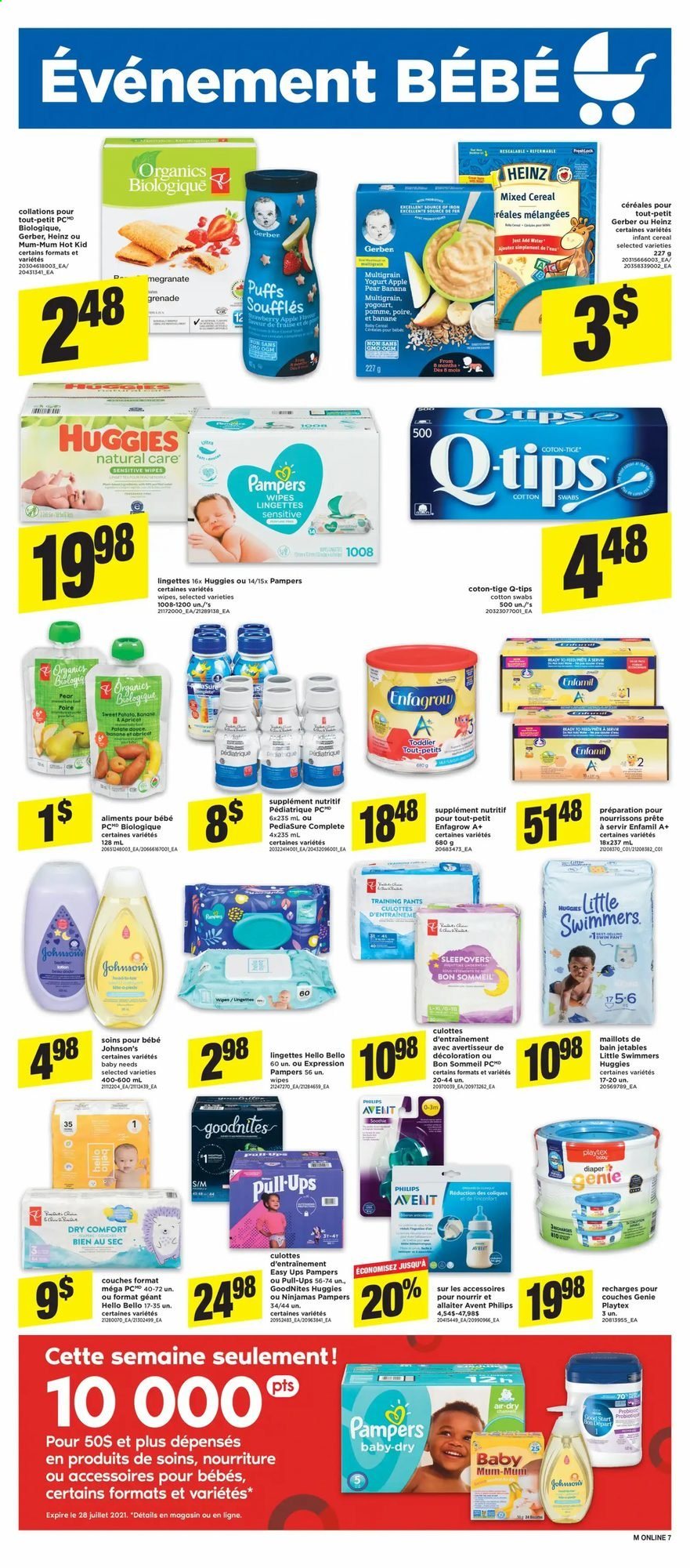 thumbnail - Maxi Flyer - July 22, 2021 - July 28, 2021 - Sales products - puffs, sweet potato, pears, yoghurt, Gerber, Heinz, cereals, Enfamil, wipes, pants, Johnson's, baby pants, Omo, Playtex, Mum. Page 12.