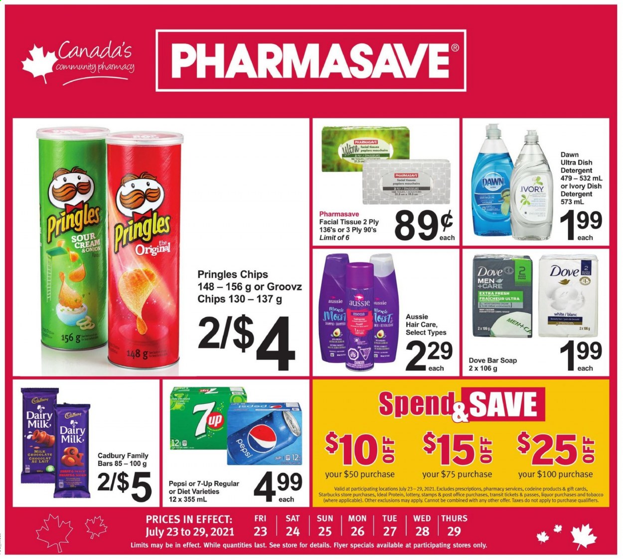 thumbnail - Pharmasave Flyer - July 23, 2021 - July 29, 2021 - Sales products - Cadbury, Dairy Milk, Pringles, Pepsi, 7UP, Starbucks, liquor, tissues, soap bar, soap, Aussie, chips. Page 1.