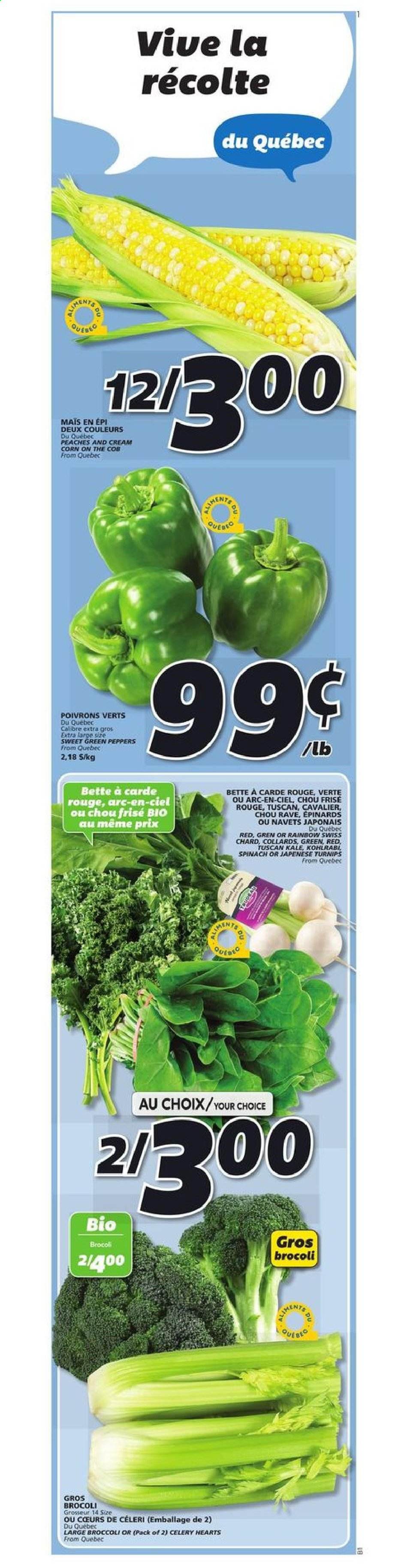 thumbnail - IGA Flyer - July 29, 2021 - August 04, 2021 - Sales products - broccoli, celery, corn, kale, kohlrabi, turnips, peppers, sleeved celery, peaches. Page 11.