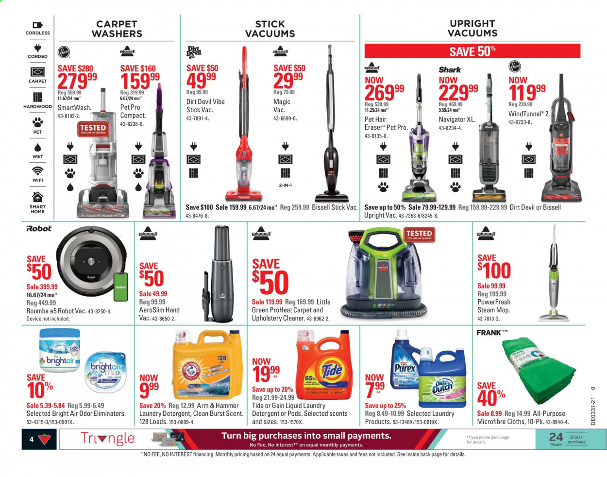 thumbnail - Canadian Tire Flyer - July 30, 2021 - August 05, 2021 - Sales products - ARM & HAMMER, Gain, cleaner, odor eliminator, Tide, laundry detergent, mop, eraser, Bissell, Roomba, washers, robot vacuum, steam cleaner, robot. Page 3.