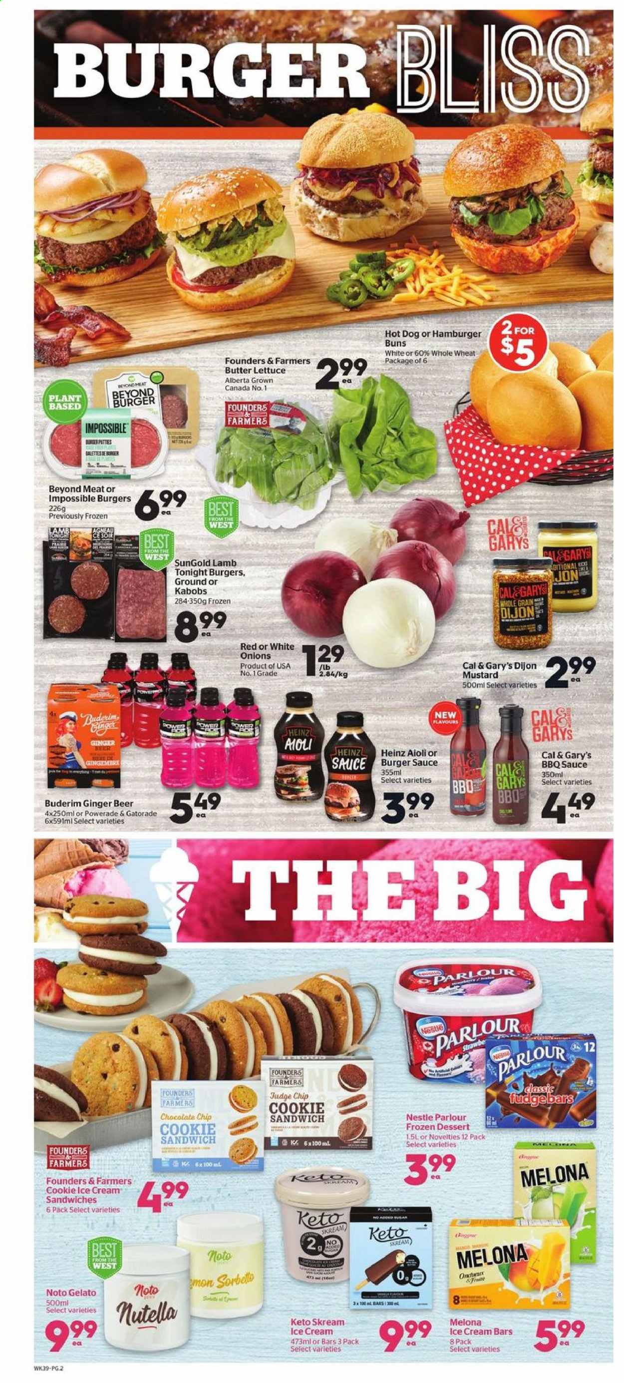thumbnail - Calgary Co-op Flyer - July 29, 2021 - August 04, 2021 - Sales products - buns, burger buns, butter lettuce, onion, lettuce, hot dog, sauce, ice cream, ice cream bars, ice cream sandwich, gelato, Heinz, BBQ sauce, mustard, Powerade, Gatorade, beer, ginger beer, Nestlé, Nutella. Page 2.
