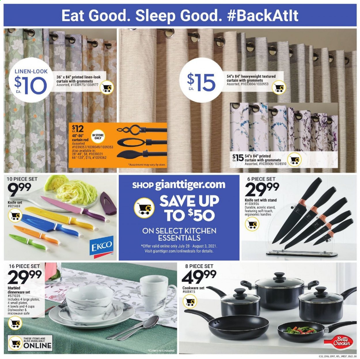 thumbnail - Giant Tiger Flyer - July 28, 2021 - August 03, 2021 - Sales products - cookware set, dinnerware set, knife, plate, cup, linens, curtain, dishwasher. Page 8.