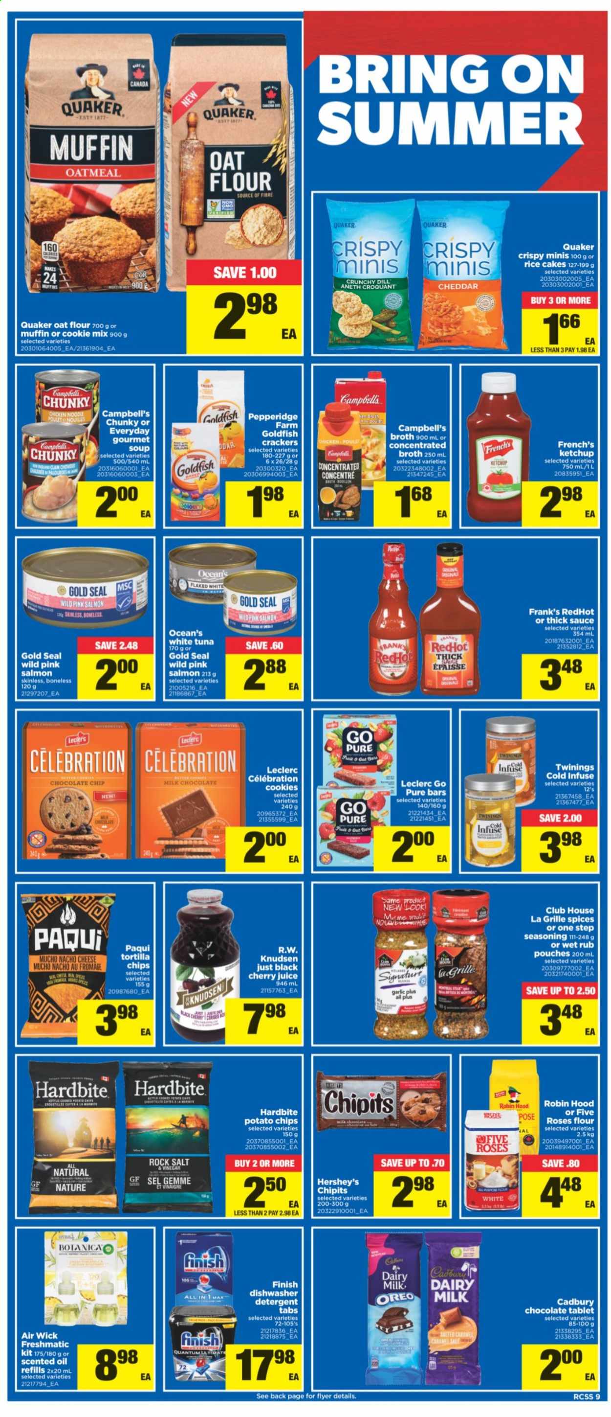 thumbnail - Real Canadian Superstore Flyer - July 29, 2021 - August 04, 2021 - Sales products - tablet, garlic, cherries, clams, salmon, tuna, Campbell's, soup, sauce, Quaker, noodles, cheese, Hershey's, milk chocolate, Celebration, crackers, Cadbury, Dairy Milk, tortilla chips, potato chips, Goldfish, bouillon, oatmeal, oats, broth, dill, spice, oil, cherry juice, juice, Twinings, Air Wick, scented oil, Oreo, chips. Page 9.
