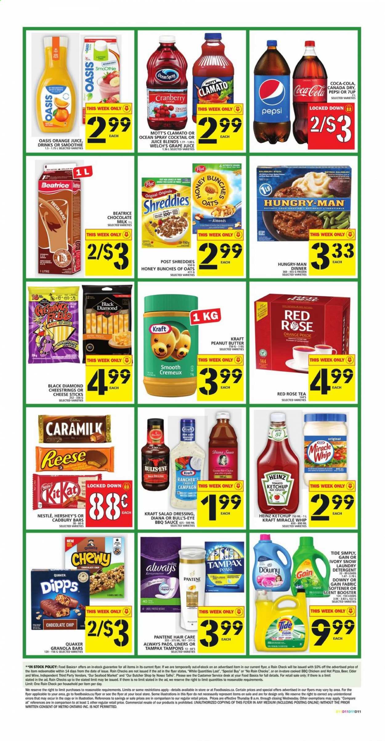 thumbnail - Food Basics Flyer - July 29, 2021 - August 04, 2021 - Sales products - Welch's, Mott's, seafood, pizza, sauce, Quaker, Kraft®, string cheese, milk, Miracle Whip, Hershey's, cheese sticks, chocolate chips, KitKat, Cadbury, Heinz, granola bar, BBQ sauce, salad dressing, dressing, peanut butter, Canada Dry, Coca-Cola, Pepsi, orange juice, juice, Clamato, 7UP, smoothie, tea, rosé wine, cider, beer, Gain, Tide, fabric softener, laundry detergent, Always pads, tampons, straw, Nestlé, Tampax, Pantene, steak. Page 4.
